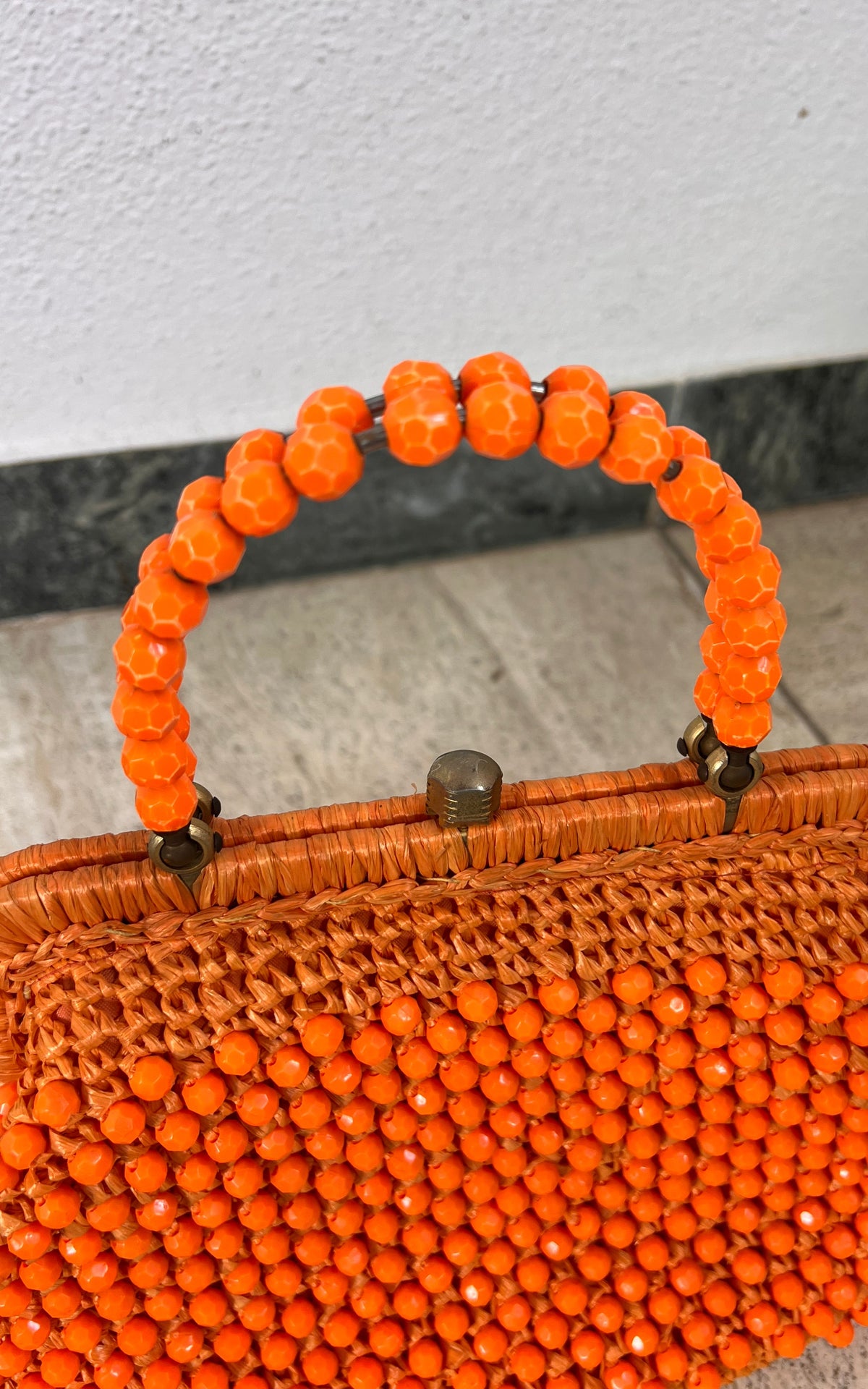Vintage 60s Beaded Raffia Handbag - Bright Orange