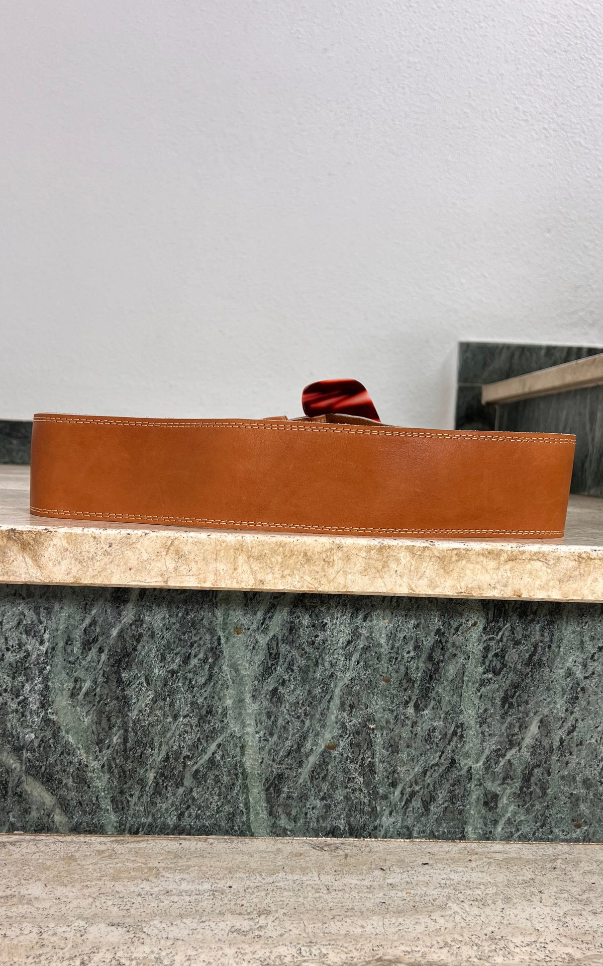 Vintage Leather Statement Belt with Marbled Acrylic Buckle
