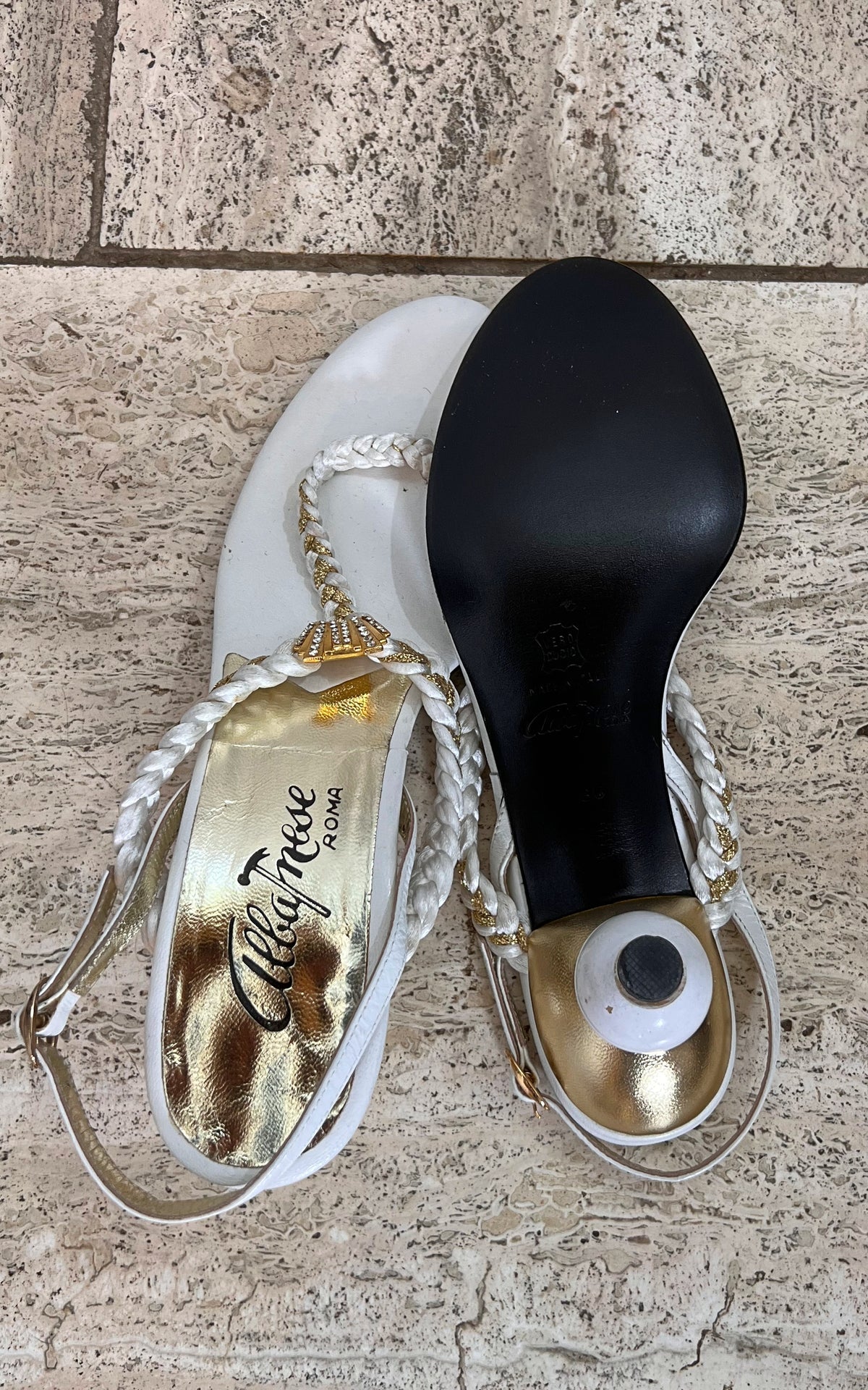 Vintage 60s Enzo Albanese Rhinestone Shell Sandals 36