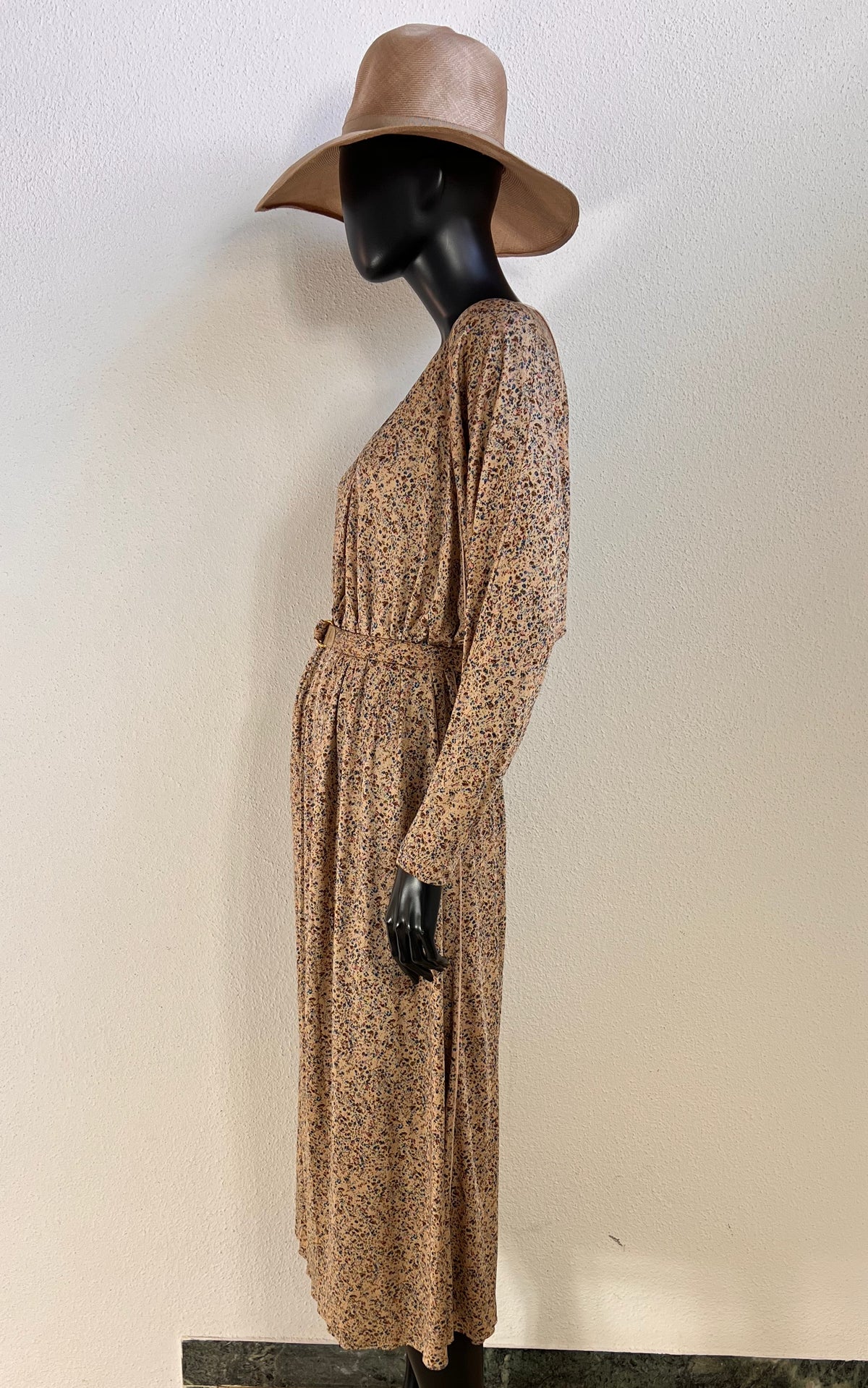 Vintage 70s Ranotto Silk Jersey Flower Dress with Drapped Batwing Sleeves