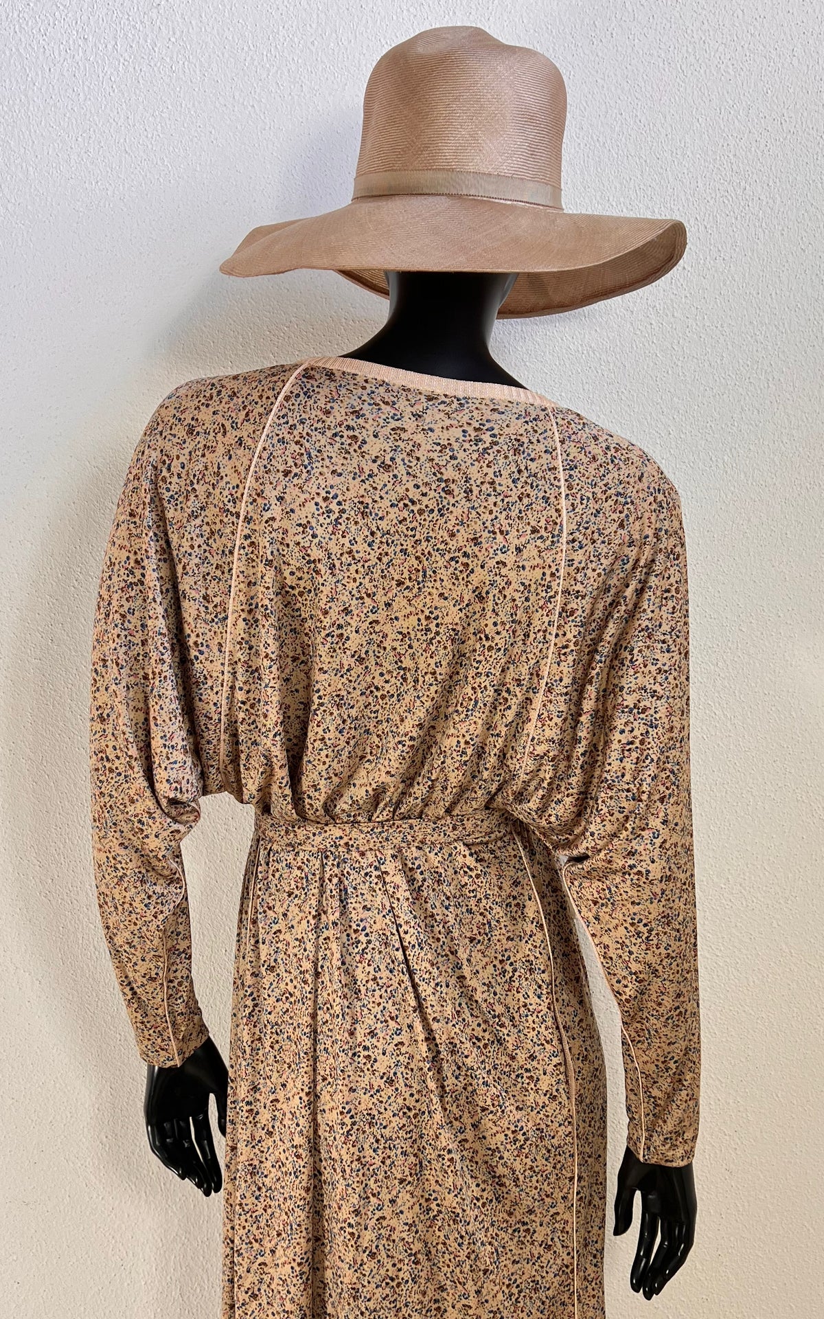 Vintage 70s Ranotto Silk Jersey Flower Dress with Drapped Batwing Sleeves