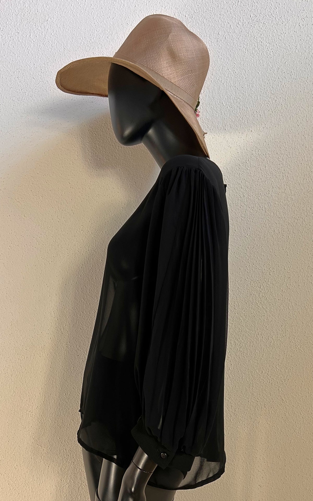 Vintage Black Sheer Blouse with Pleated Balloon Sleeves