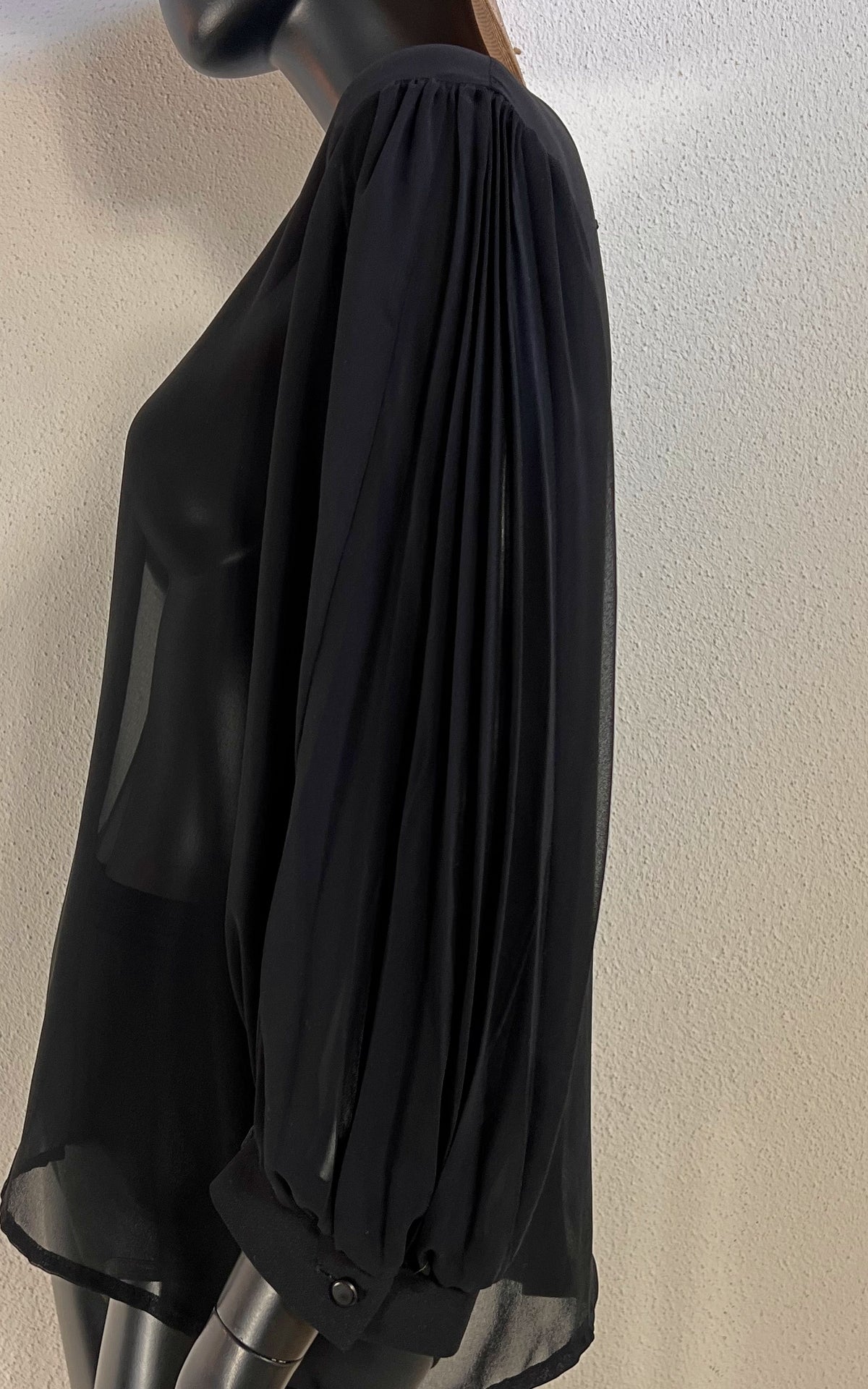 Vintage Black Sheer Blouse with Pleated Balloon Sleeves