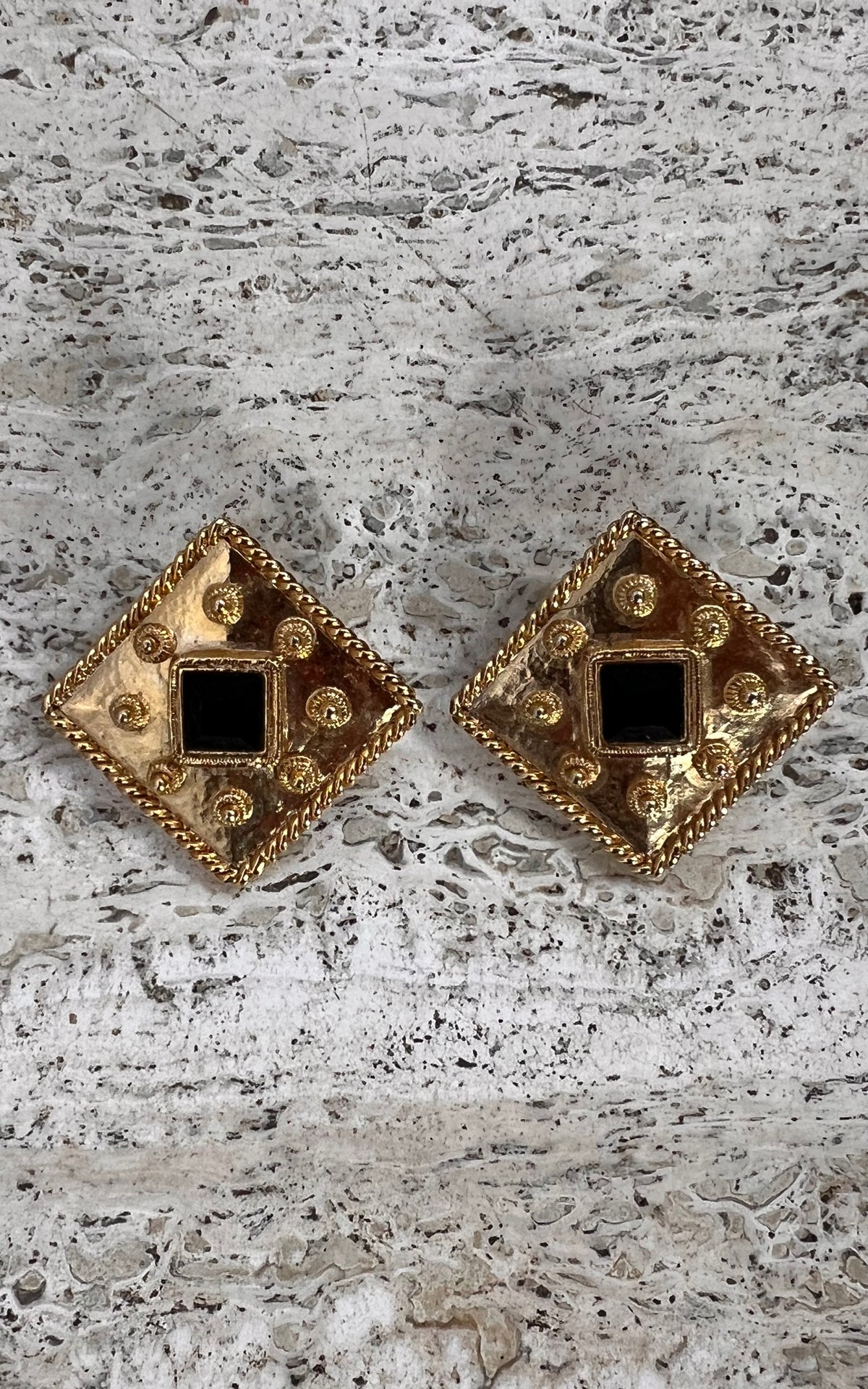 Vintage 90s Square Clip Ons with Black Stone Detail