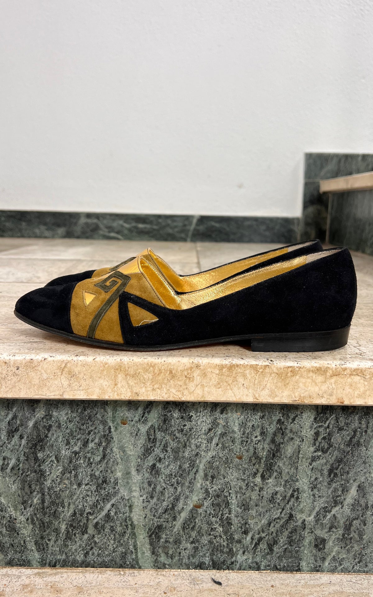 Vintage Suede Loafers with Geometric Appliqué 38