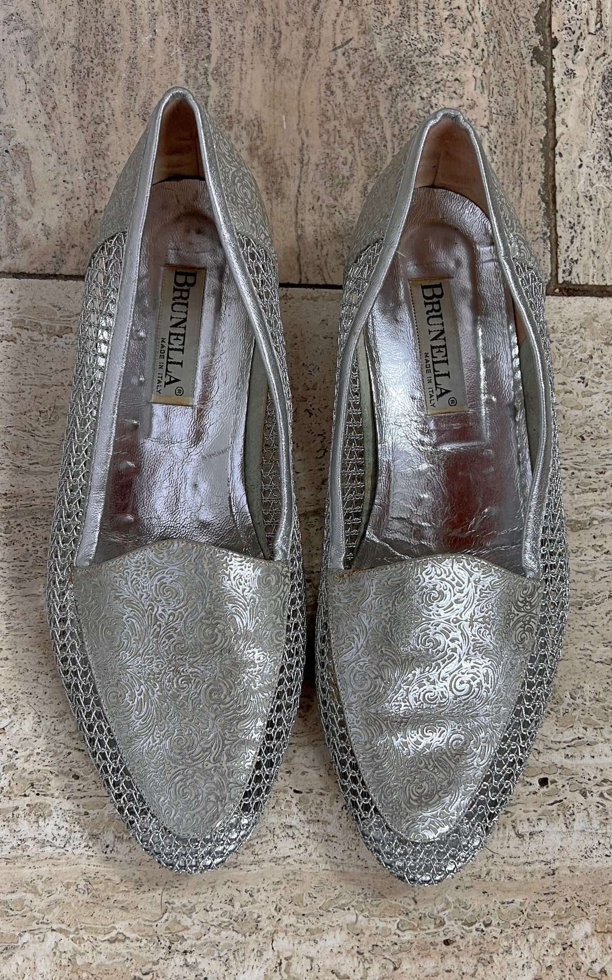 Vintage Brunella Silver Brocade and Mesh Loafers 40