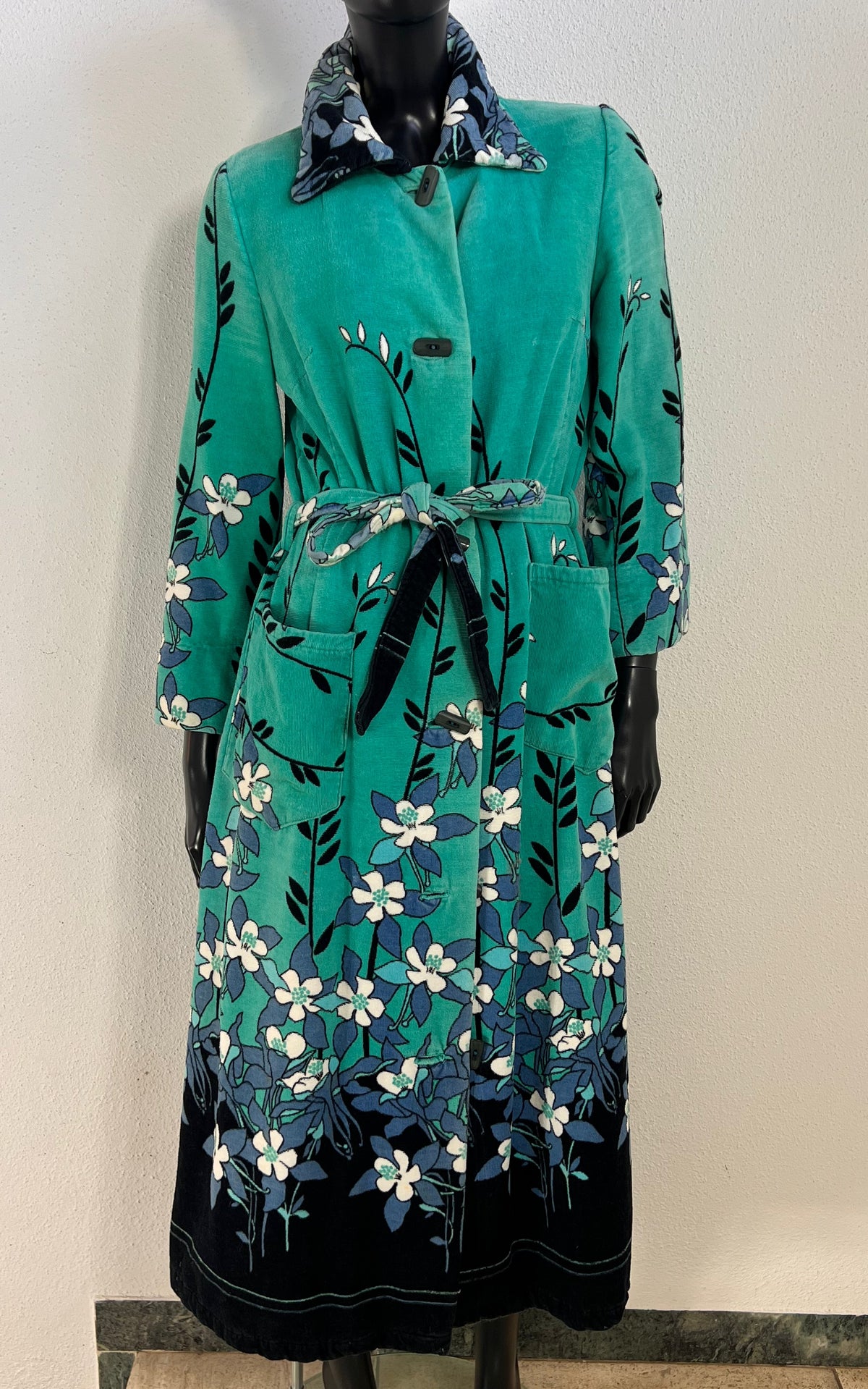Vintage 1970s Turquoise Floral Velour Maxi Coat