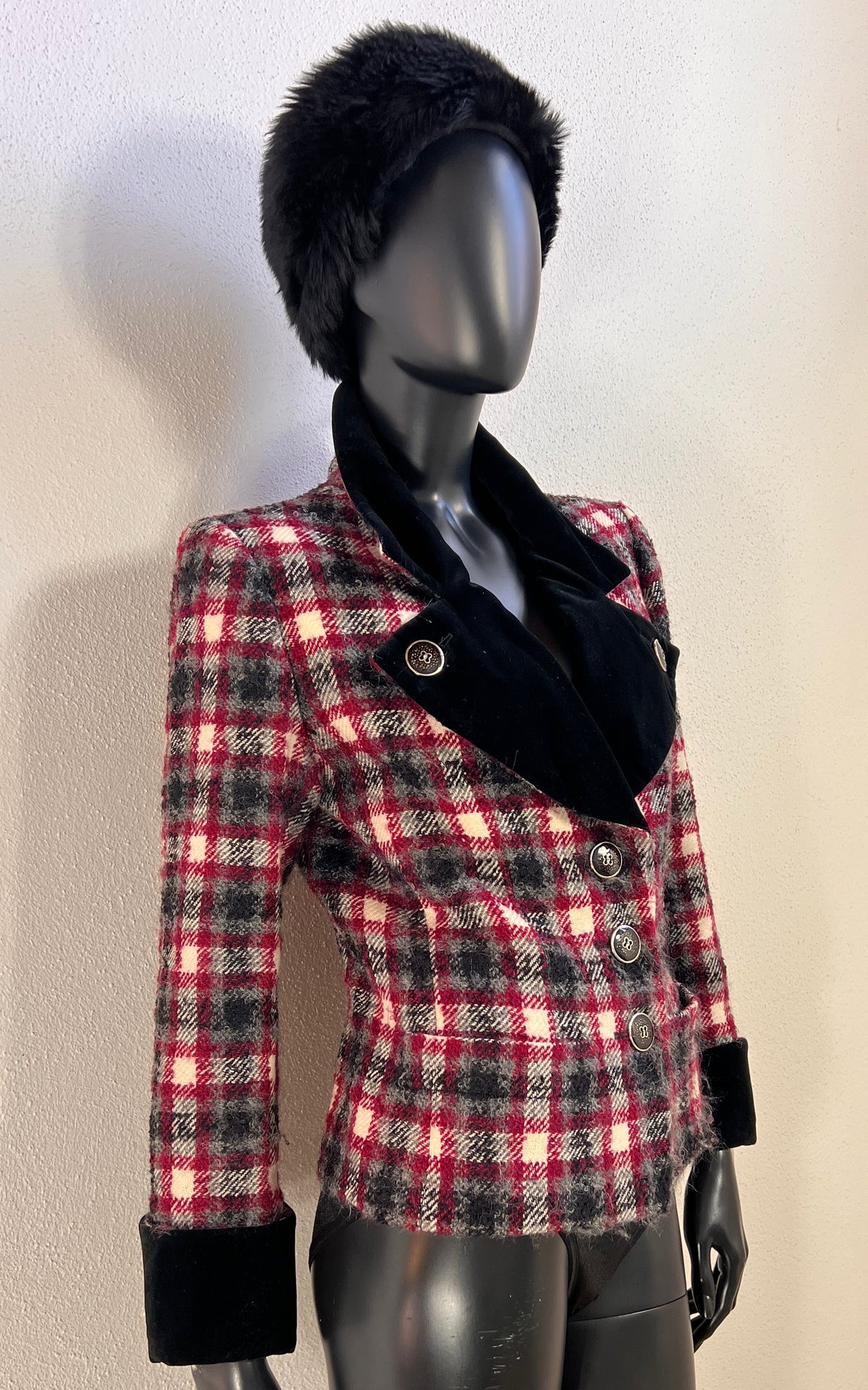 Yves Saint Laurent Rive Gauche Wool Check Jacket with Black Silk Velvet Trim