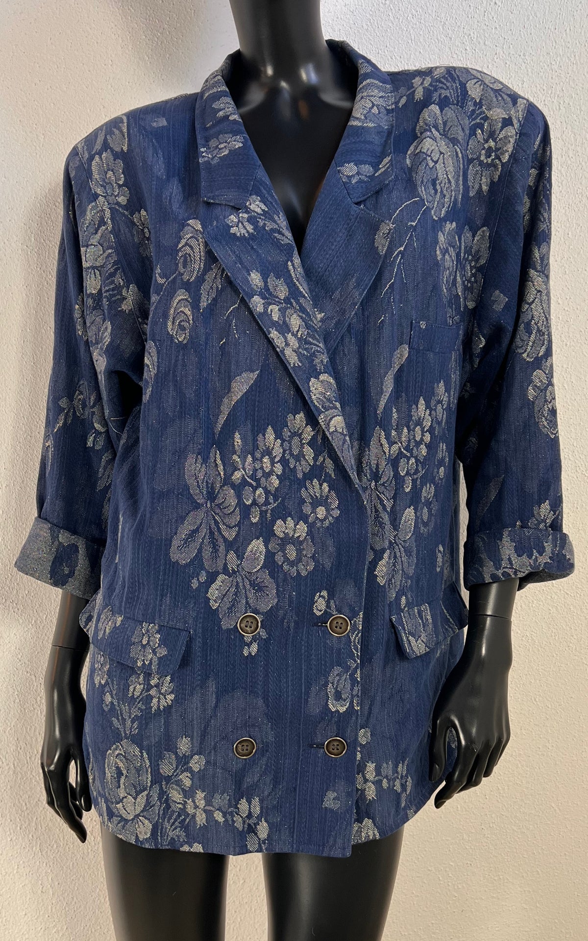 Vintage 80s Smarti Style Blue Floral Cotton & Lurex Blazer