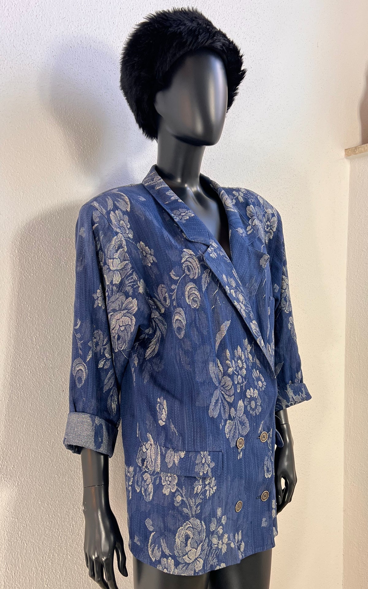 Vintage 80s Smarti Style Blue Floral Cotton & Lurex Blazer