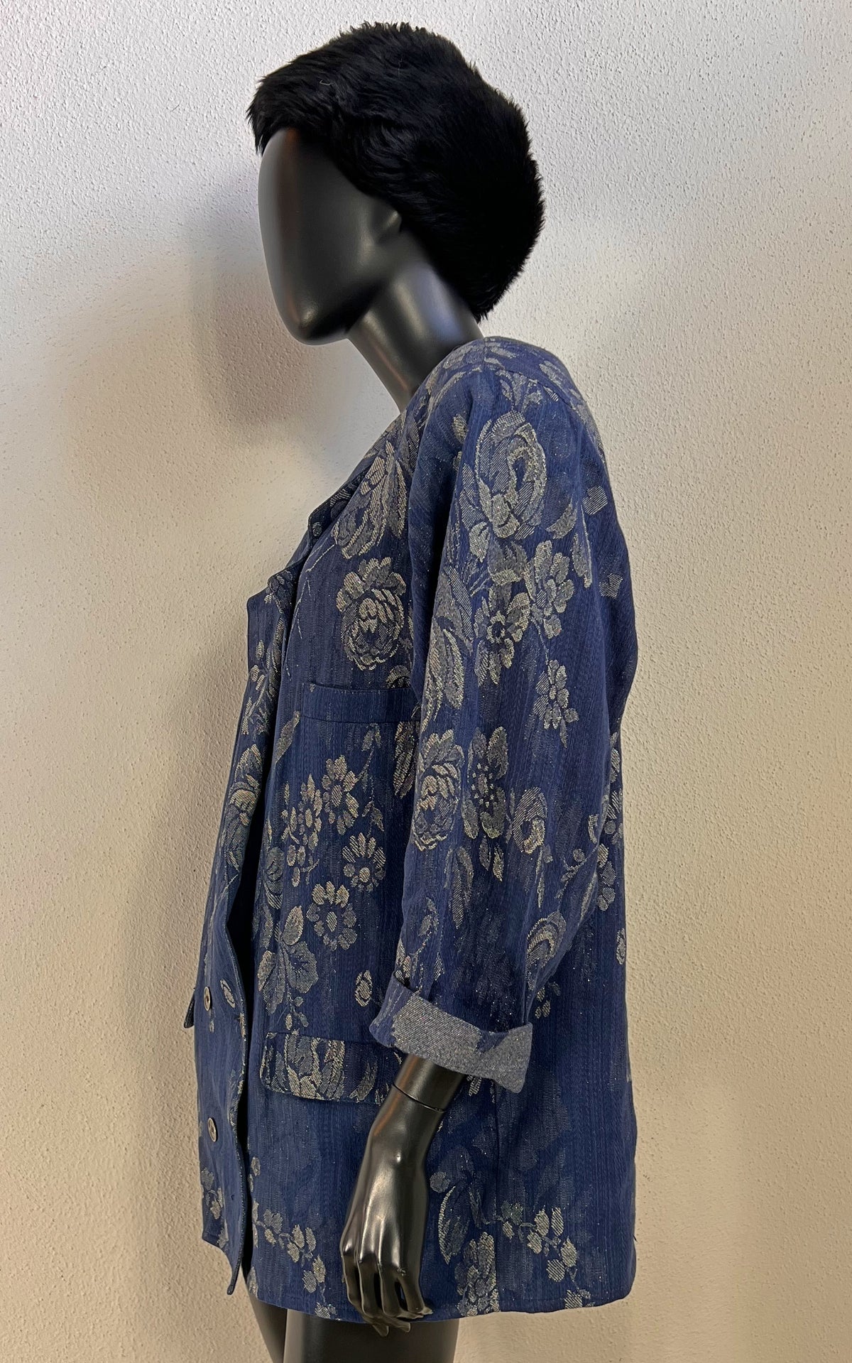 Vintage 80s Smarti Style Blue Floral Cotton & Lurex Blazer