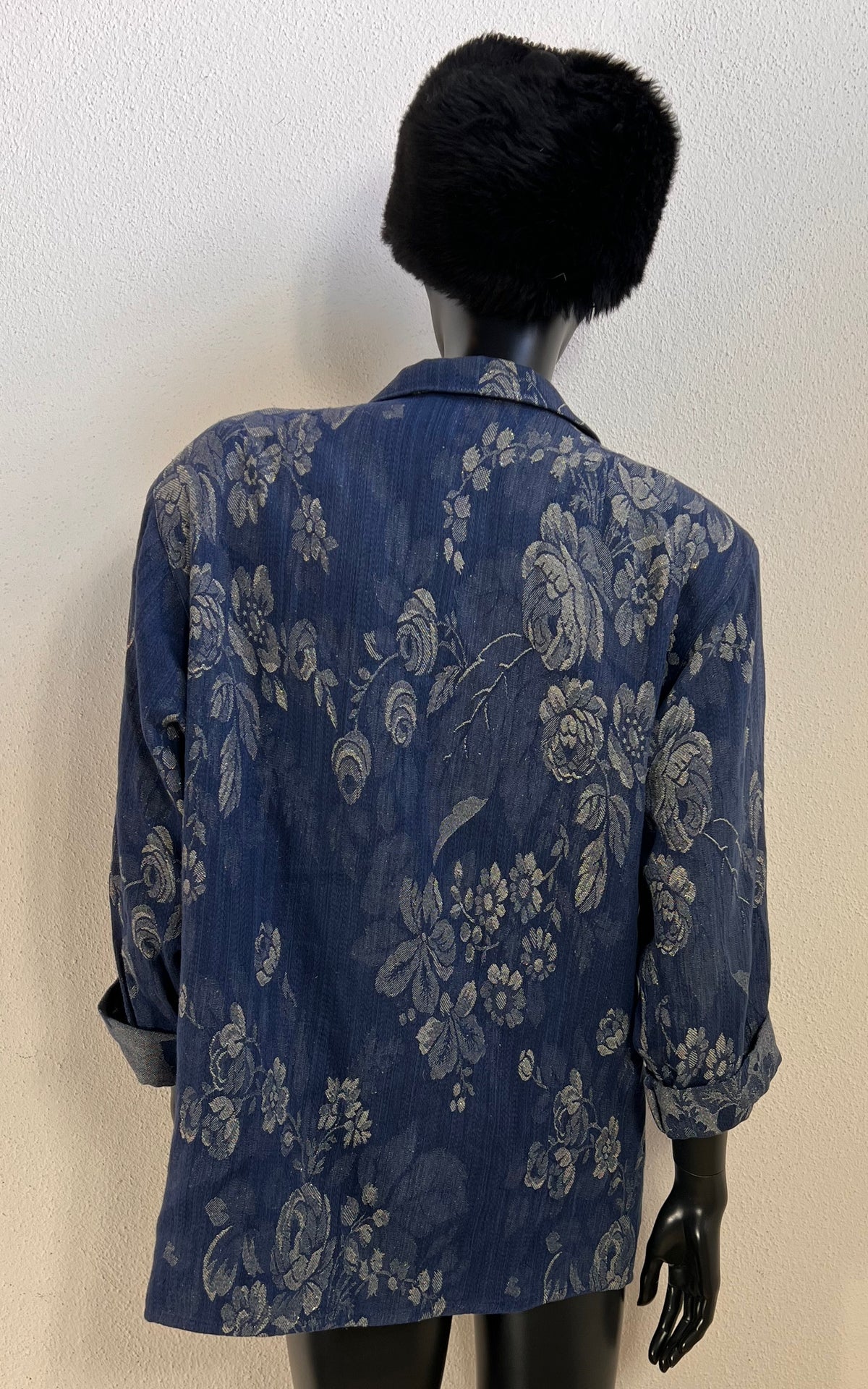 Vintage 80s Smarti Style Blue Floral Cotton & Lurex Blazer