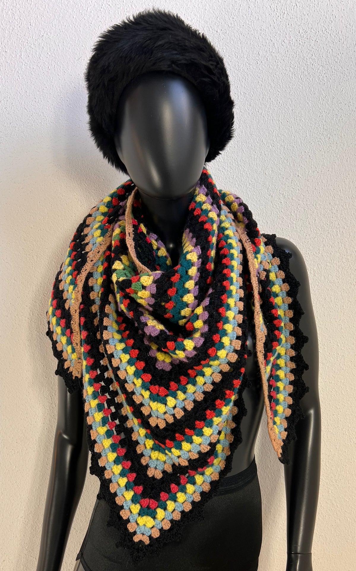 Vintage Handmade Multicolour Wool Crochet Shawl