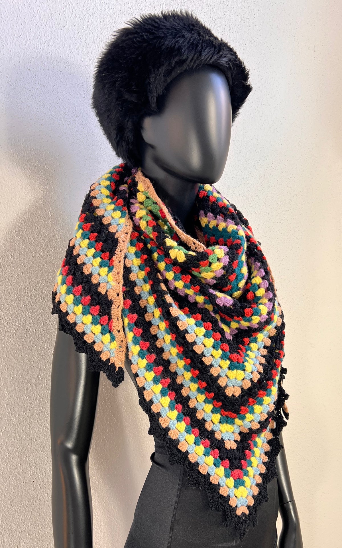 Vintage Handmade Multicolour Wool Crochet Shawl