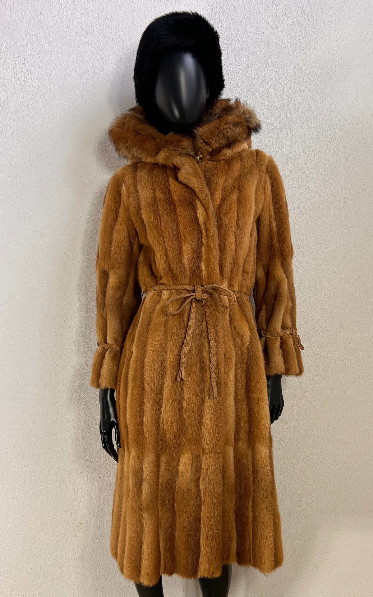 Vintage 1970s Golden Honey Fur Coat with Hood & Braided Belt