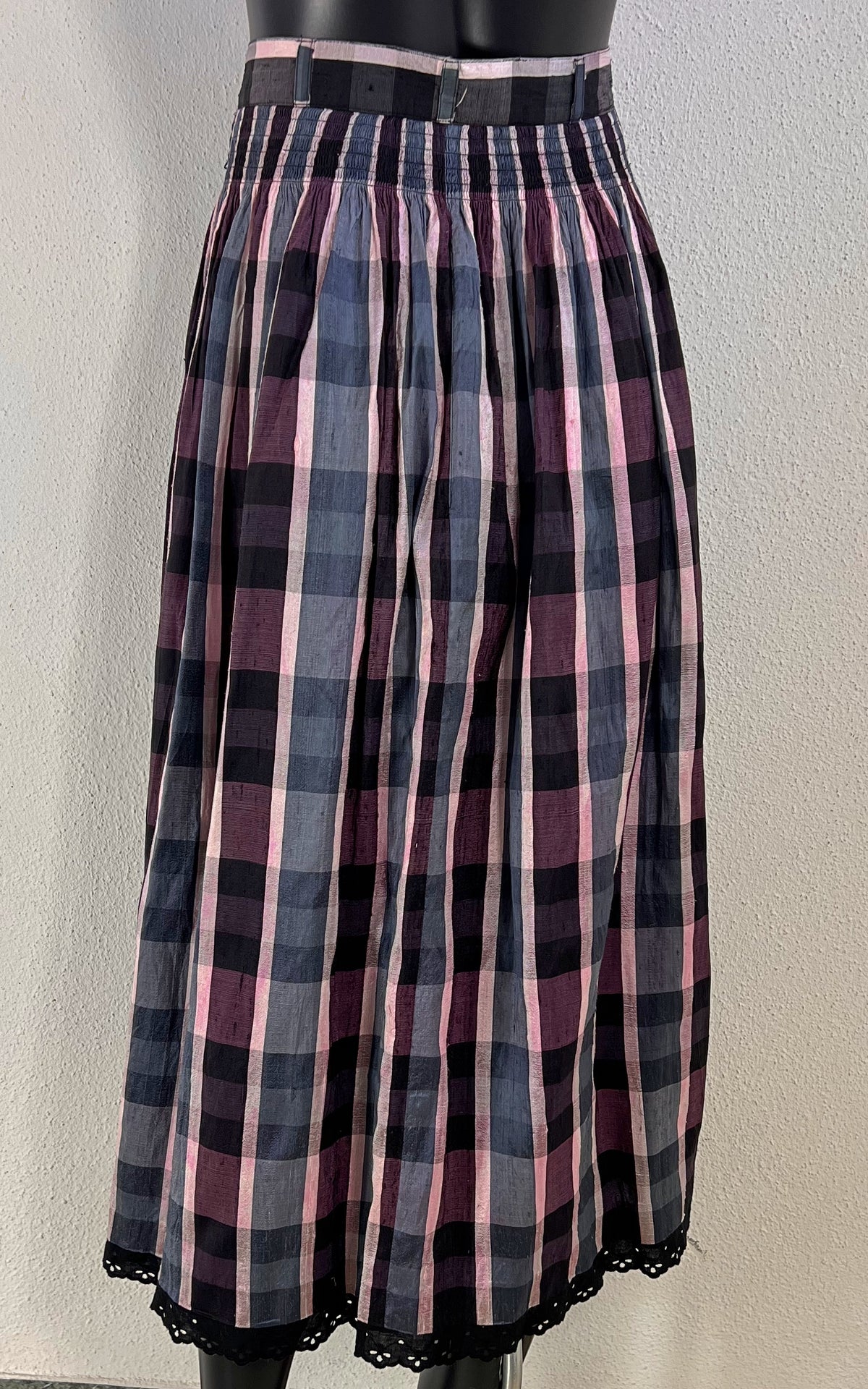 Vintage Checked Silk Skirt with Lace Trim