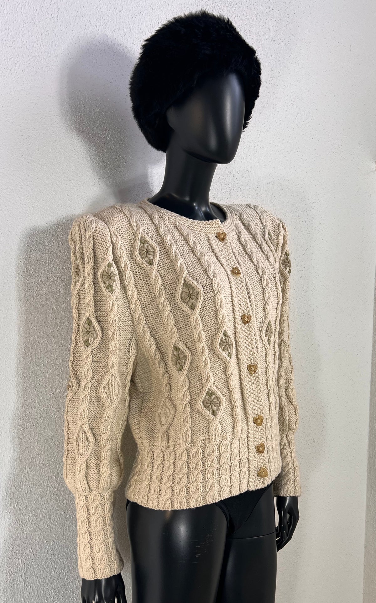Vintage Handmade Austrian Wool Cardigan – Cream Cable Knit with Floral Details