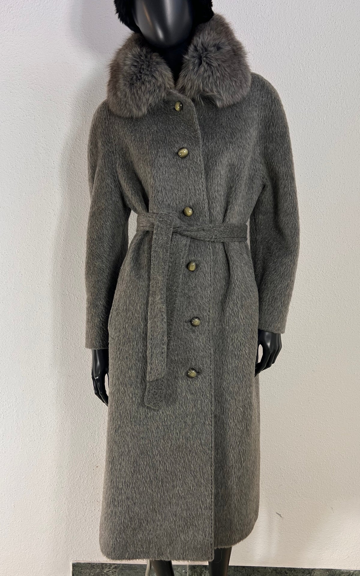 Vintage Basler Grey Alpaca Coat with Plush Collar and Matching Belt
