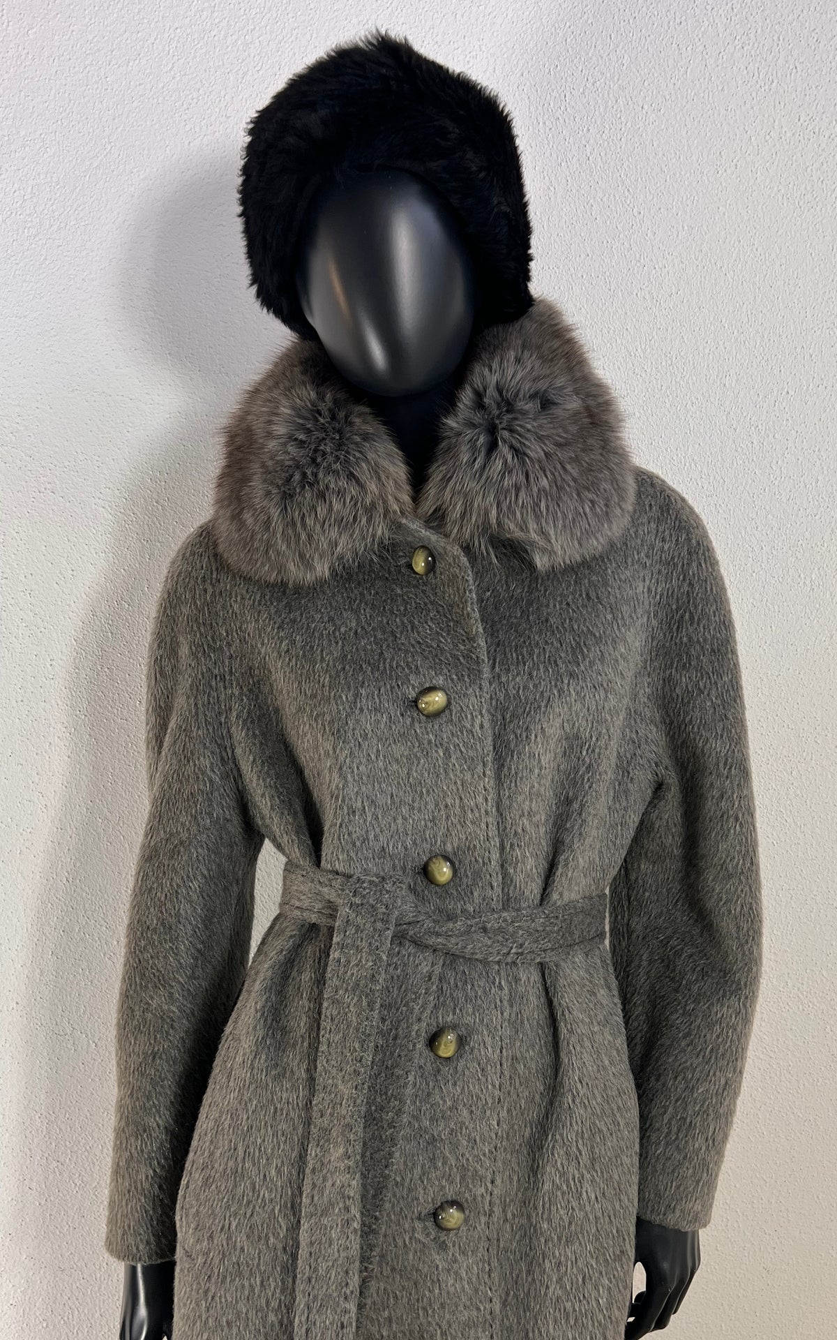 Vintage Basler Grey Alpaca Coat with Plush Collar and Matching Belt