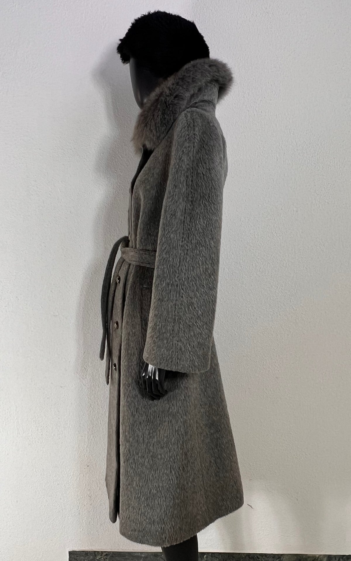 Vintage Basler Grey Alpaca Coat with Plush Collar and Matching Belt