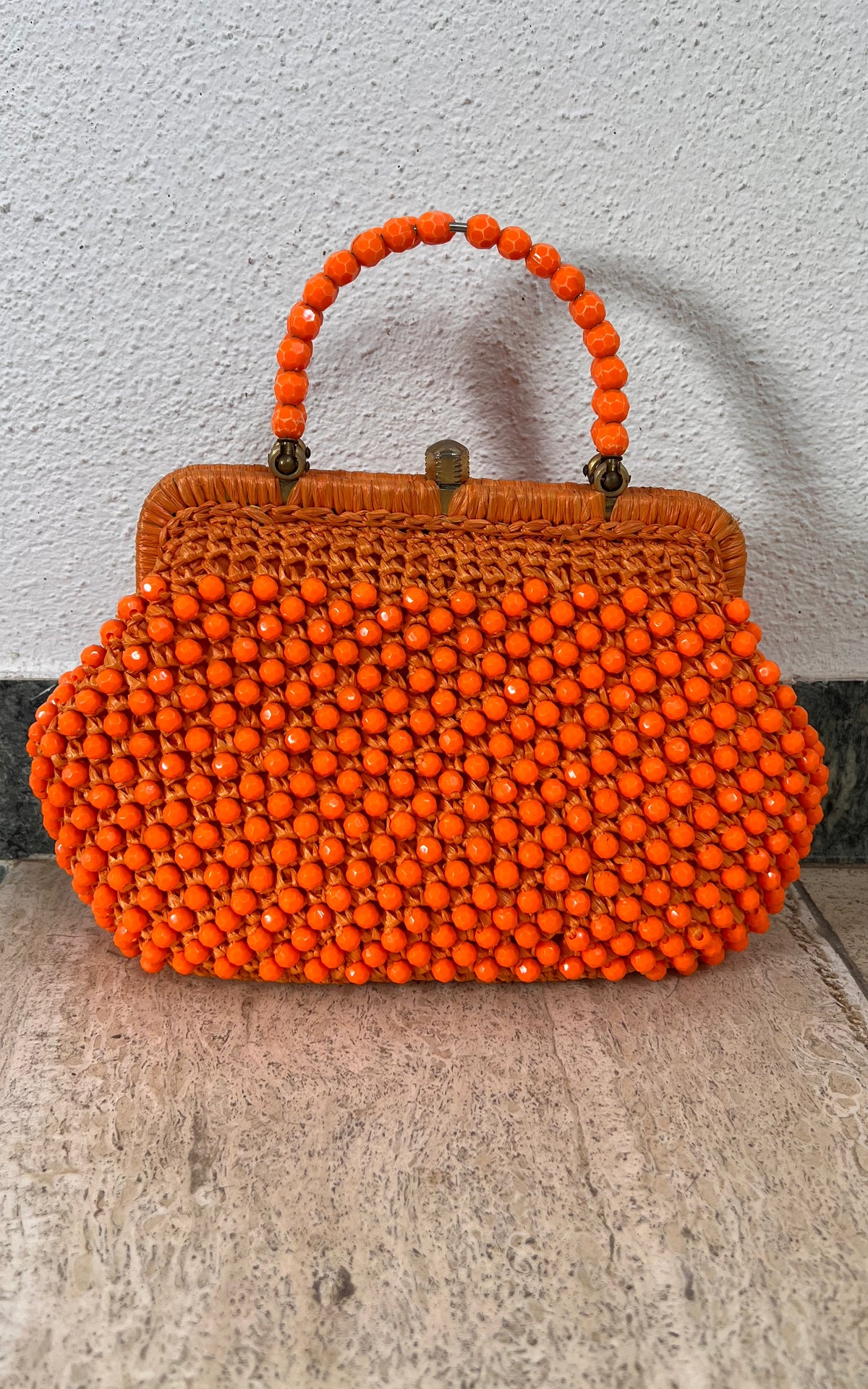 Vintage 60s Beaded Raffia Handbag - Bright Orange