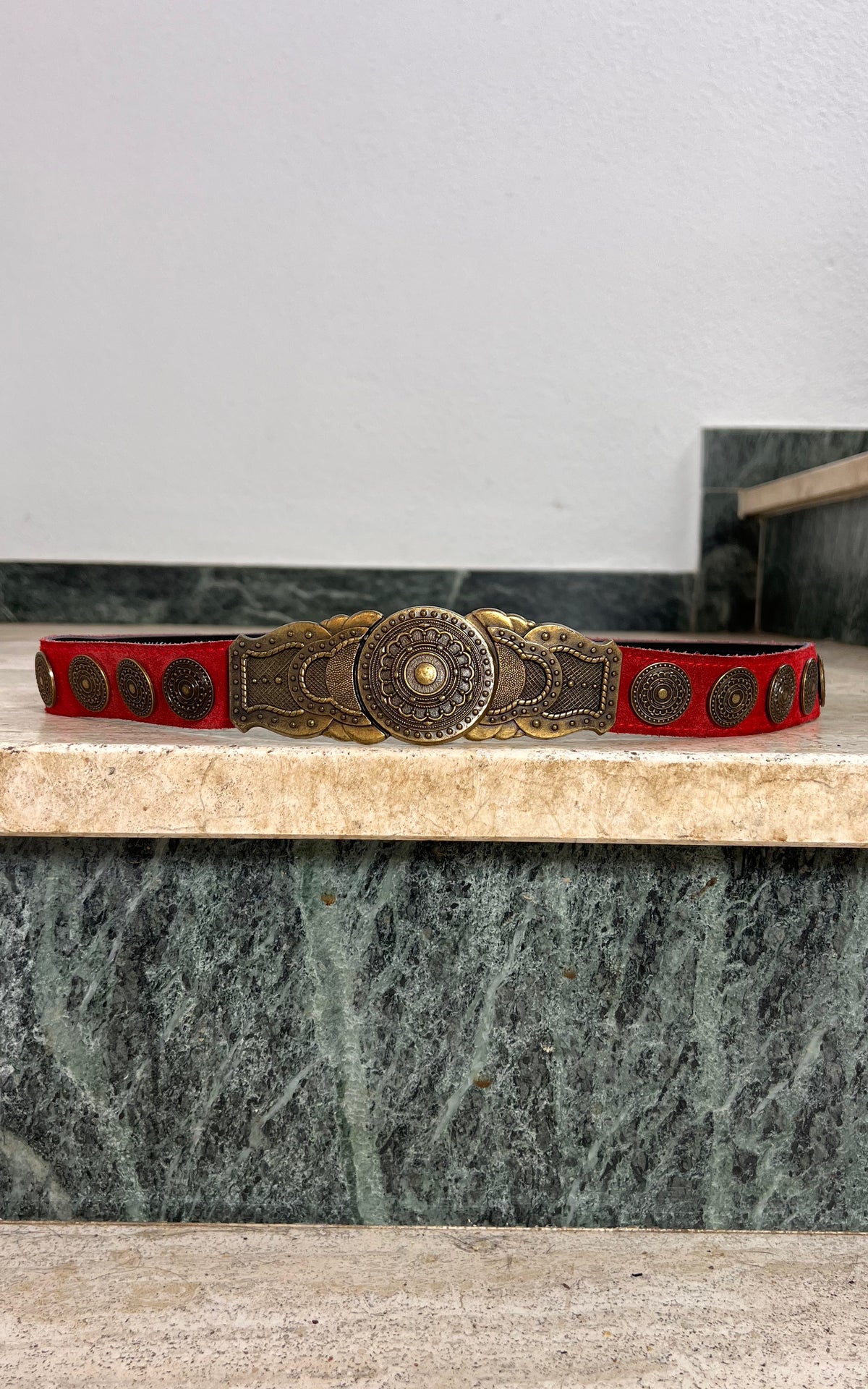 Vintage Red Suede & Ornate Brass Belt