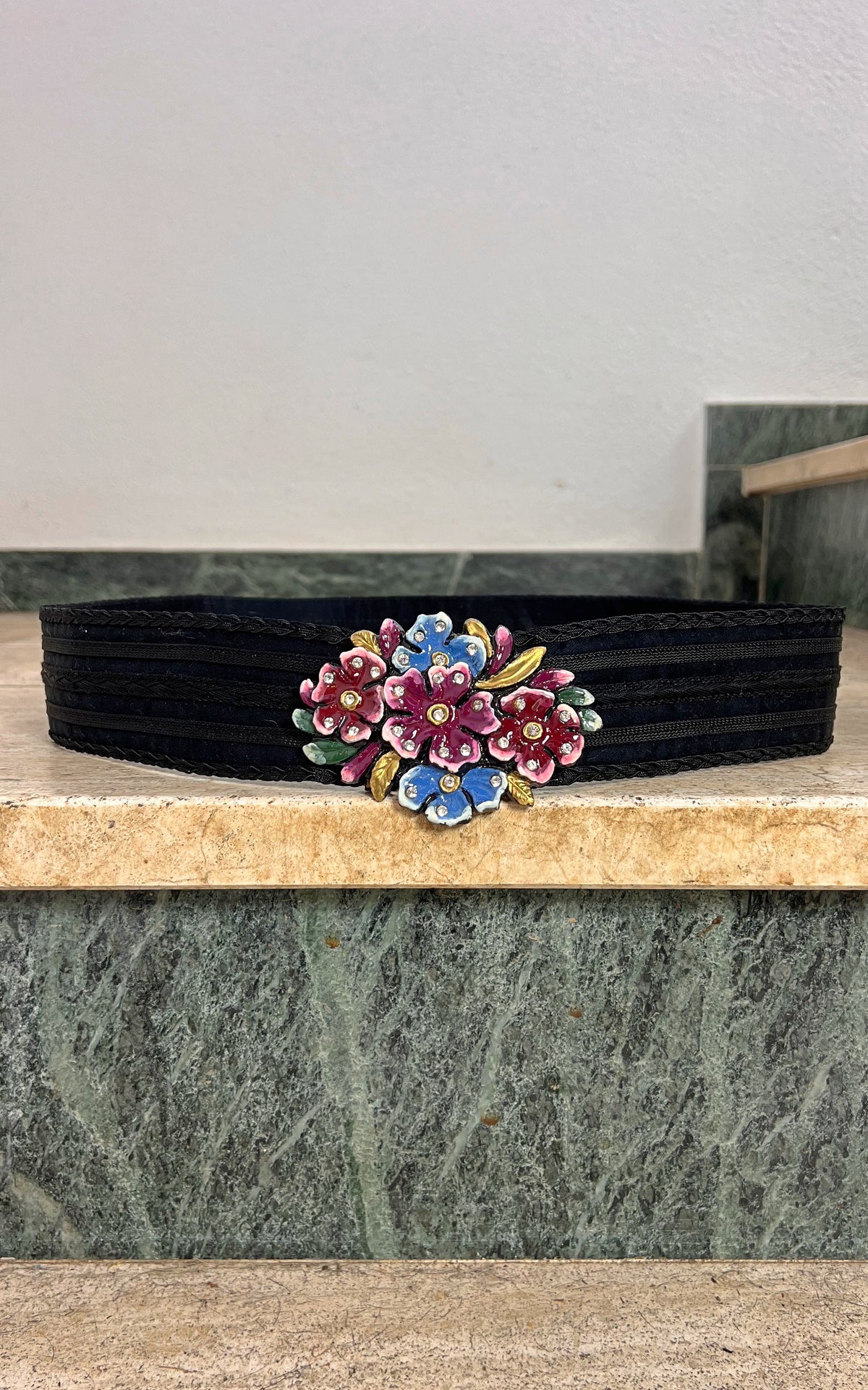 Vintage Black Belt with Floral Enamel Buckle