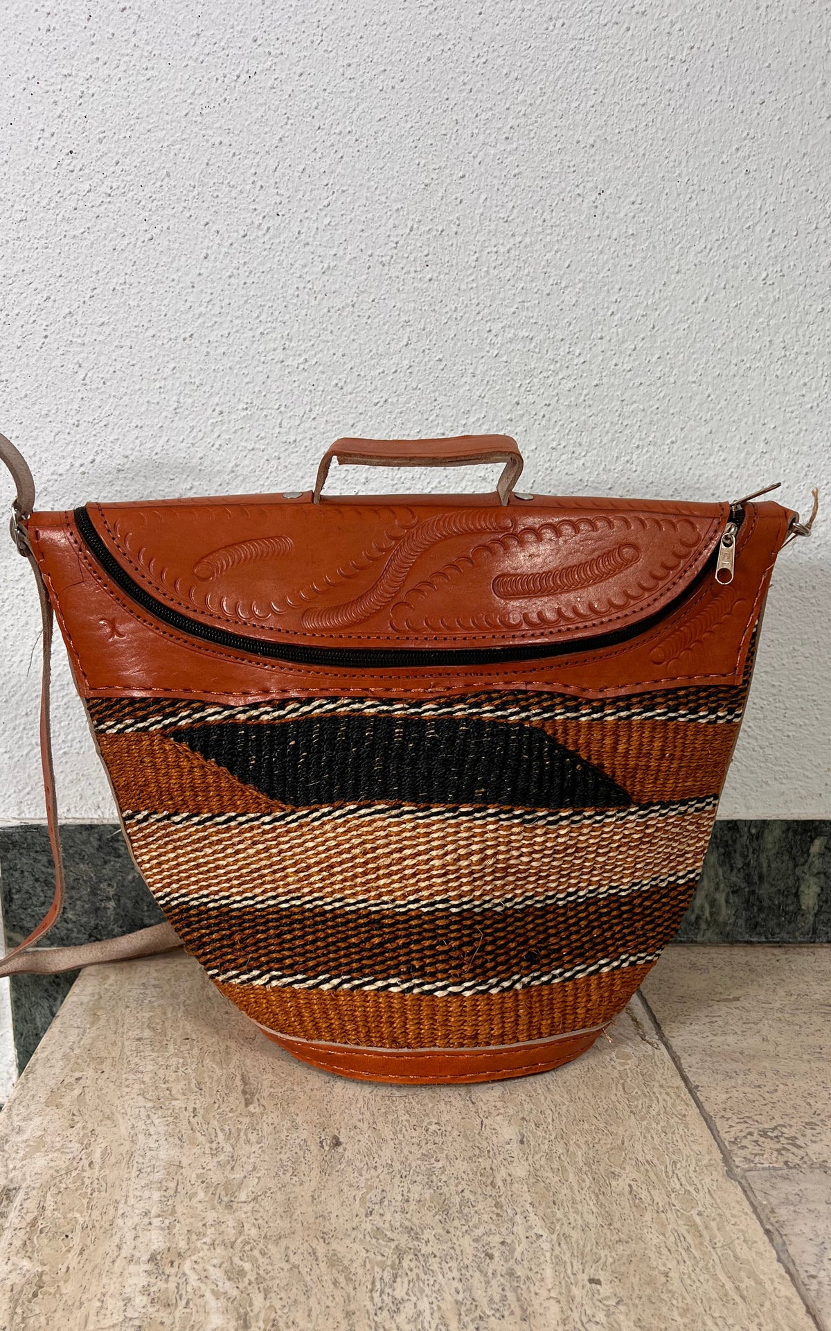 New African Kiondo Sisal and Leather Cross Body Bag