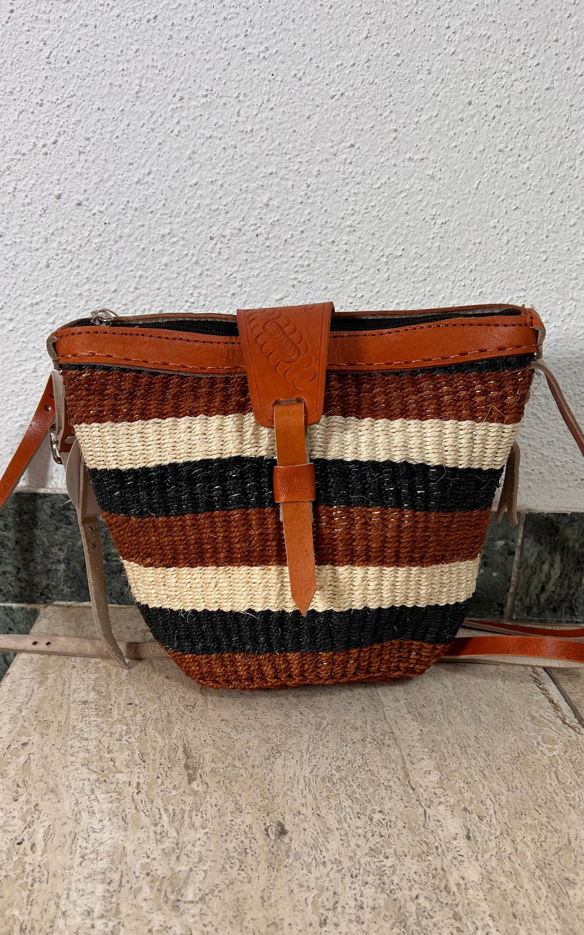 New African Kiondo Sisal and Leather Cross Body Bag