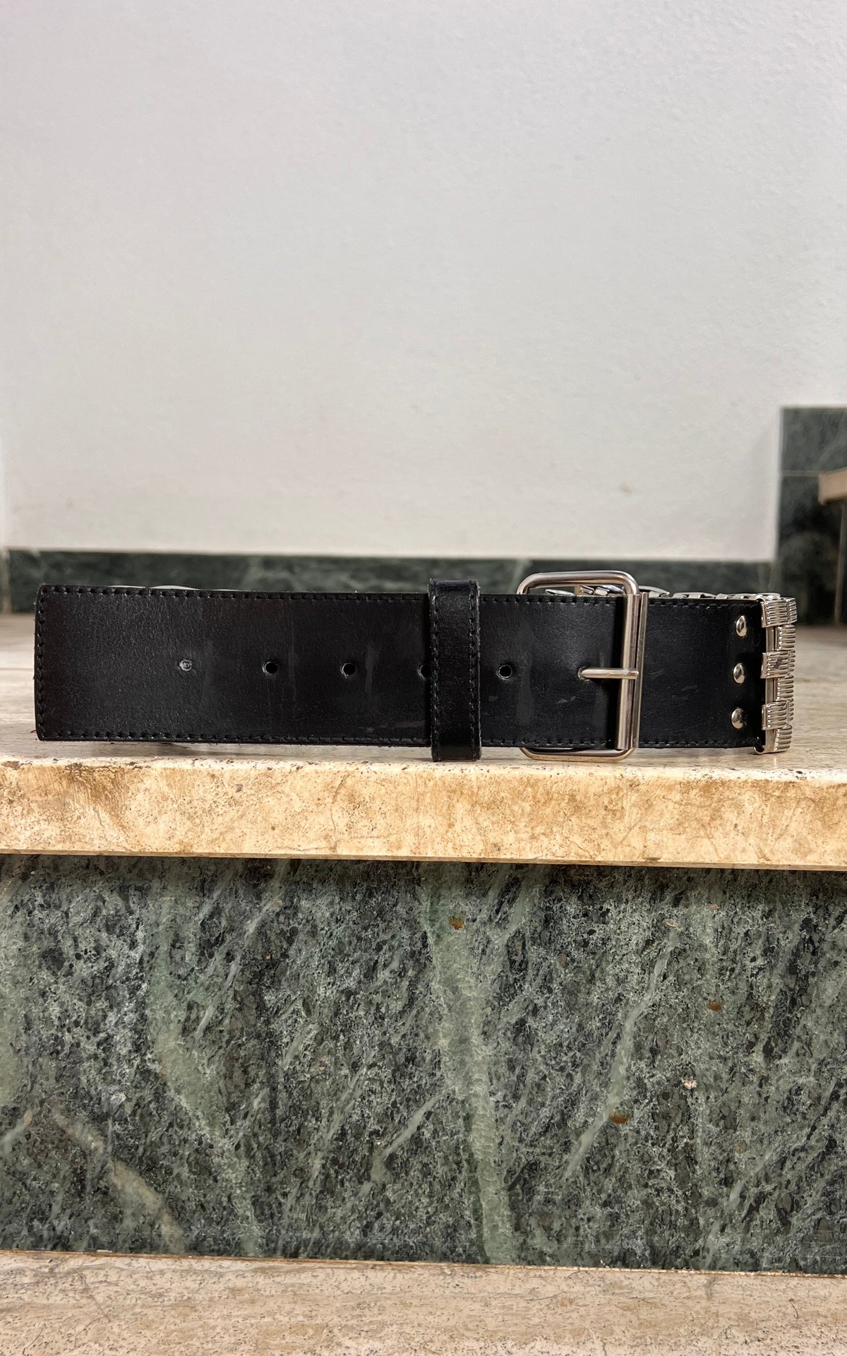 Vintage Silver Metal Statement Belt with Black Stones