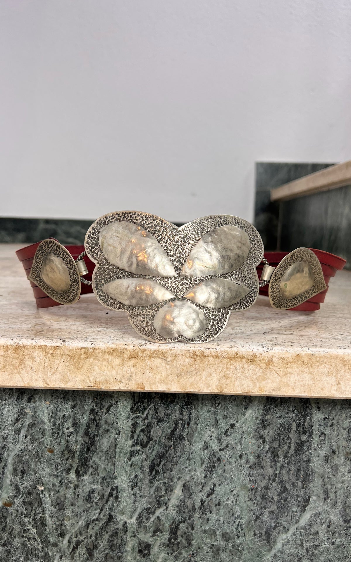 Vintage 70s Red Leather Hammered Metal Belt