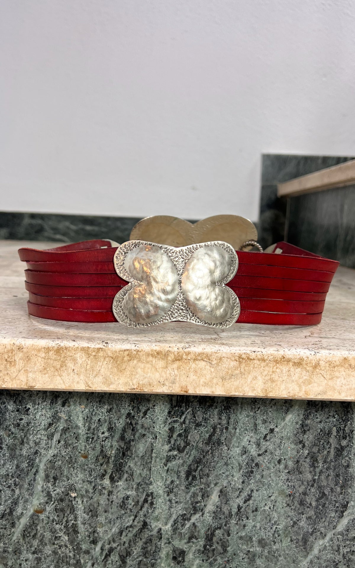 Vintage 70s Red Leather Hammered Metal Belt