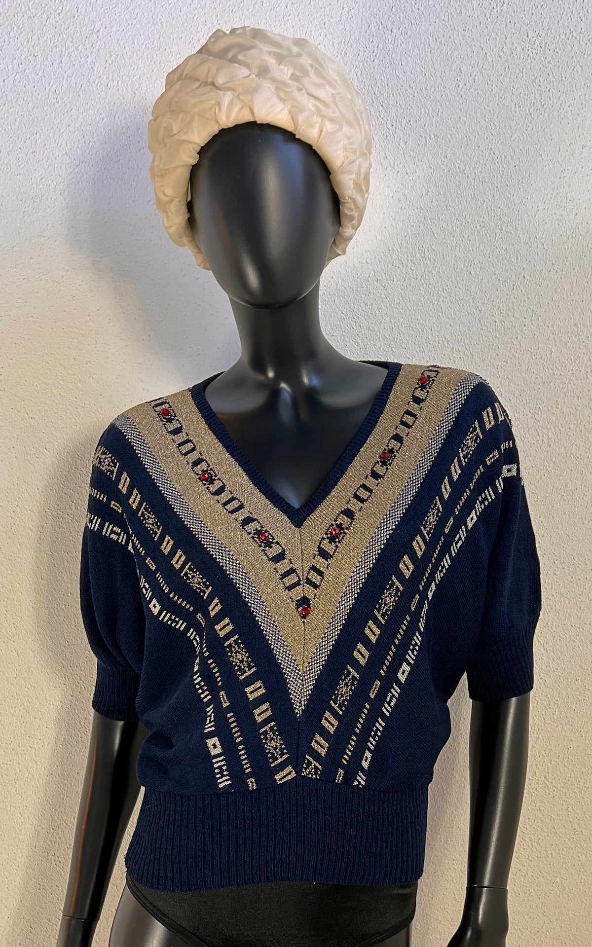 Vintage 70s Navy Knit Sweater with Metallic Pattern