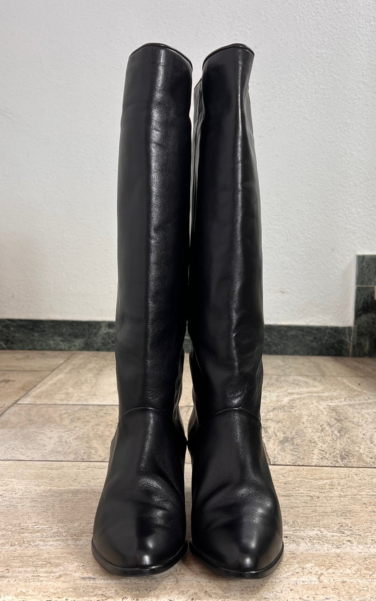 Vintage Black Leather Color Block Knee-High Boots 39