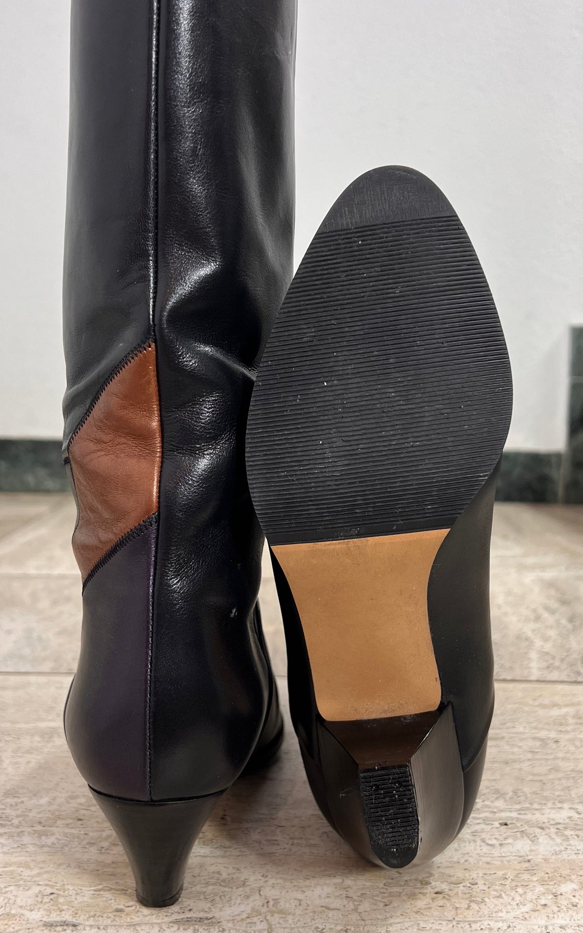 Vintage Black Leather Color Block Knee-High Boots 39