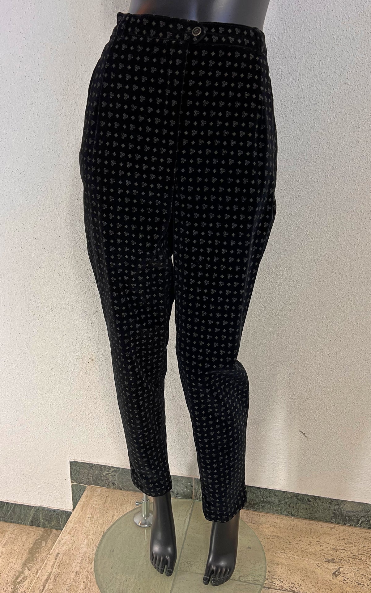 Vintage Elegance Paris Velvet Tapered Trousers with Geometric Print
