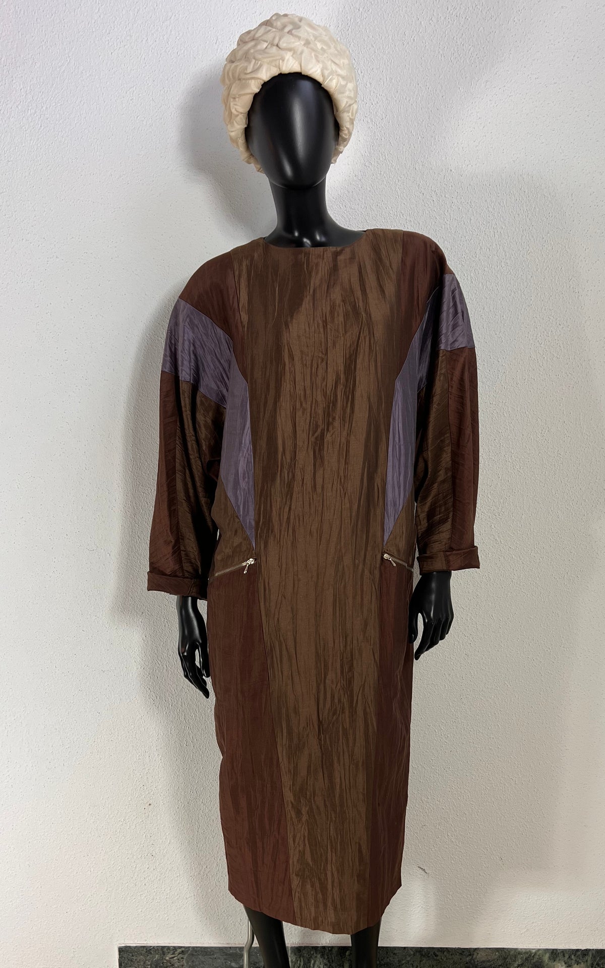 Vintage Moncara 100% Silk Brown Colour-Block Midi Dress
