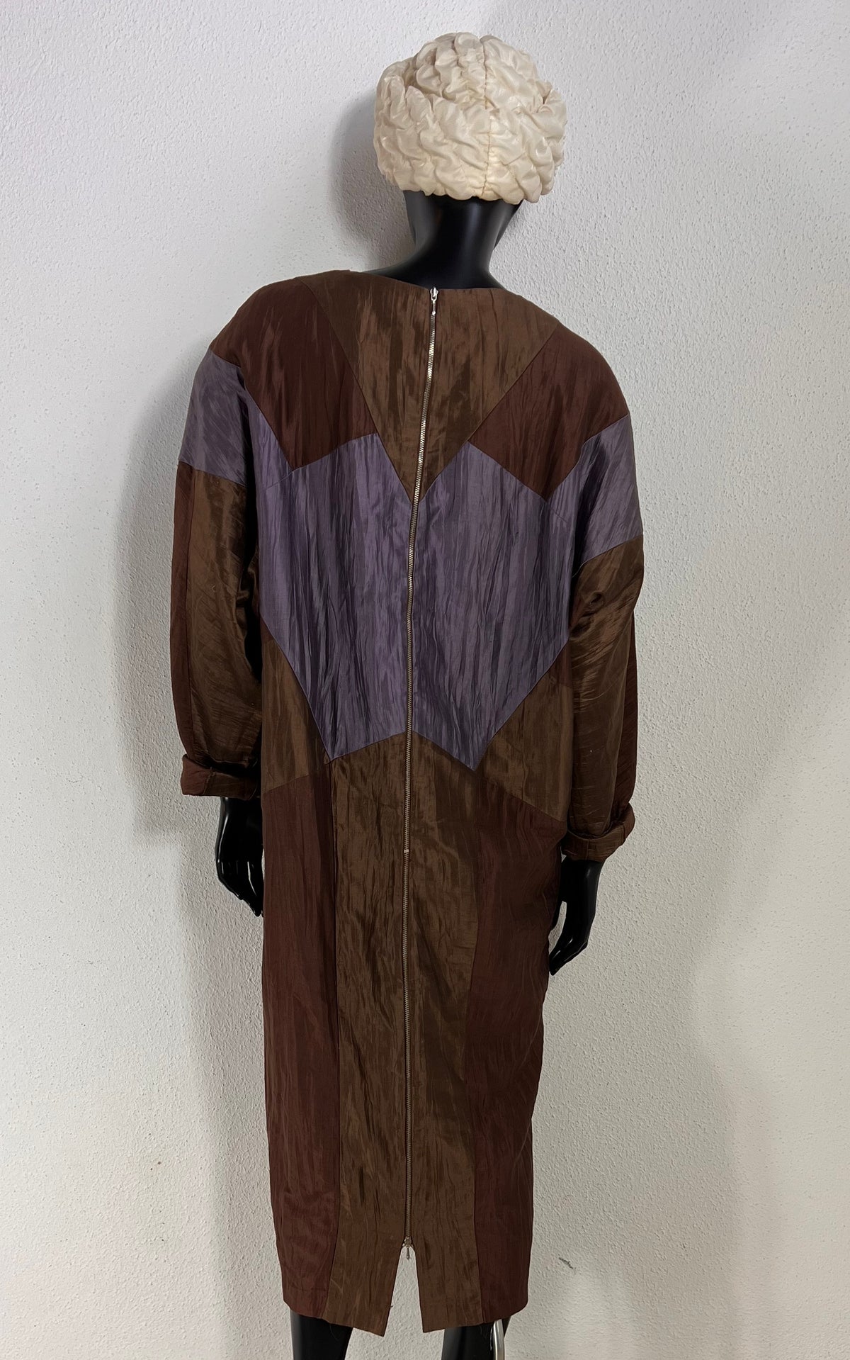 Vintage Moncara 100% Silk Brown Colour-Block Midi Dress