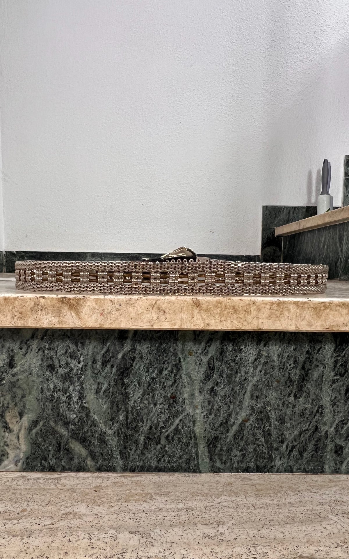 Vintage Silver-Tone Metal Chain Belt with Black Leather