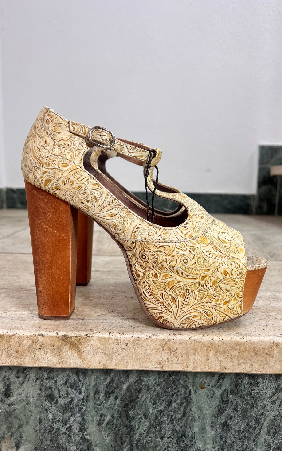 Jeffrey Campbell Embossed Platform T-Strap Heels 37