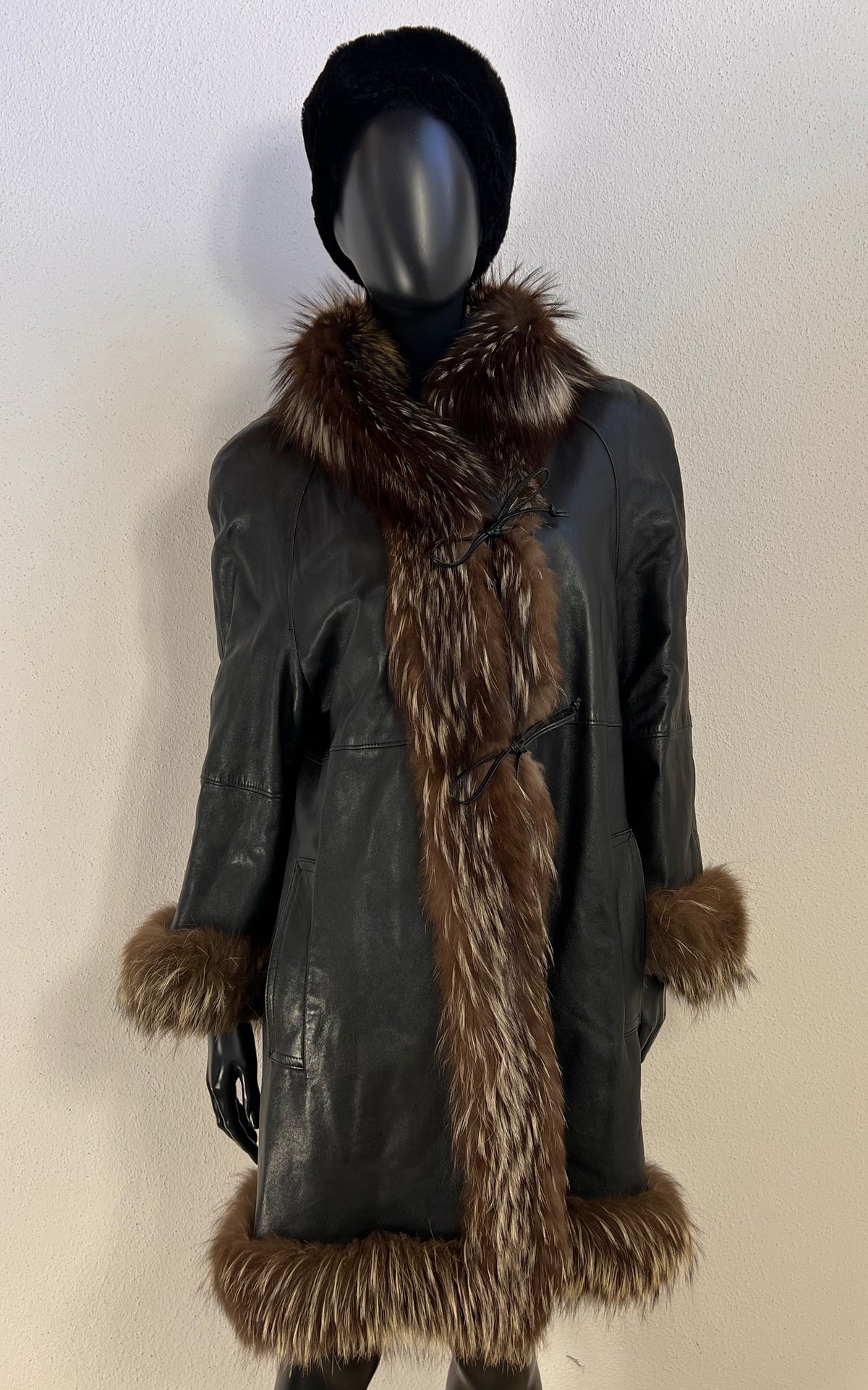 Vintage Leather Coat with Fur Trim Details