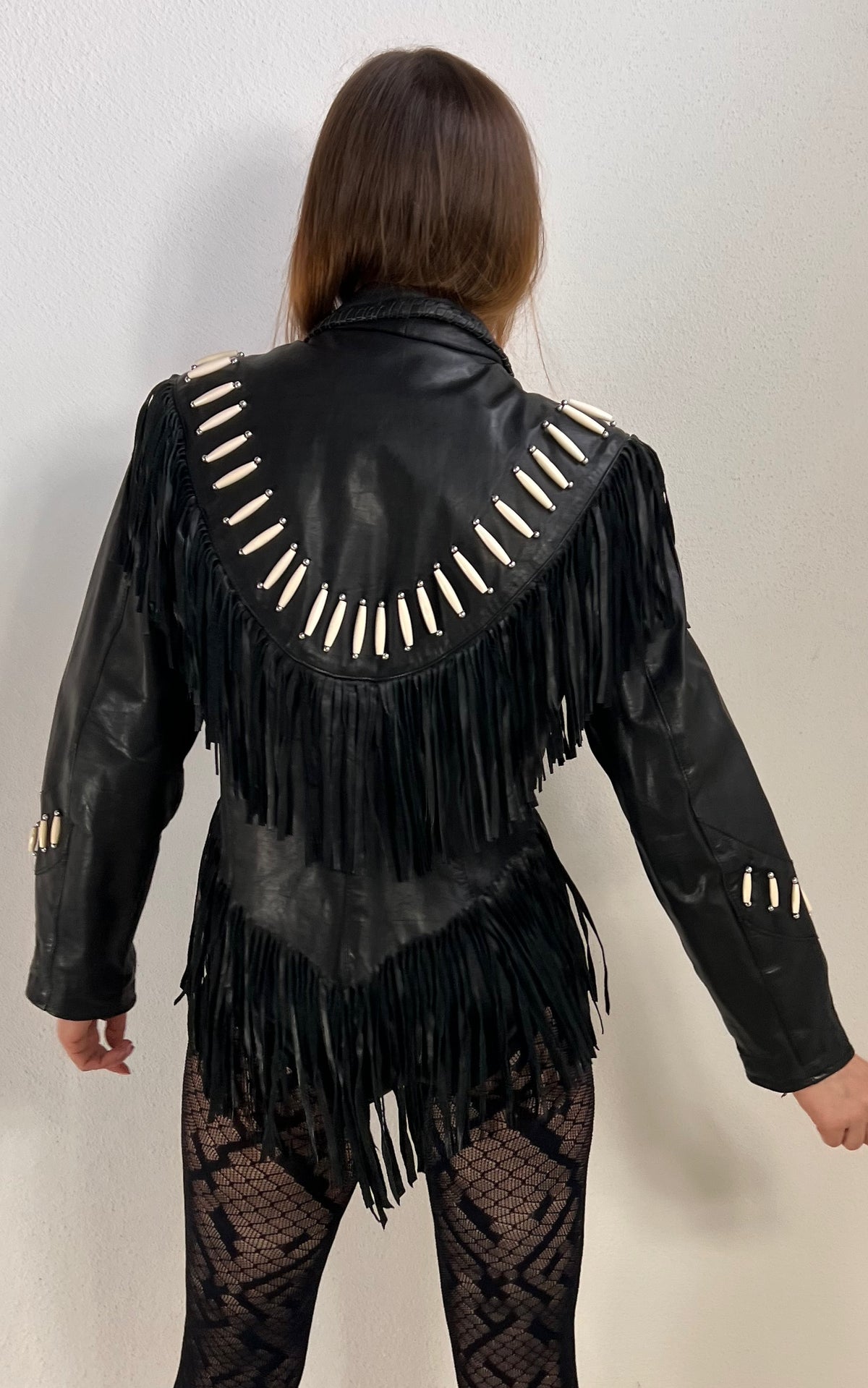 Vintage Black Leather Fringe Jacket with Bone Details