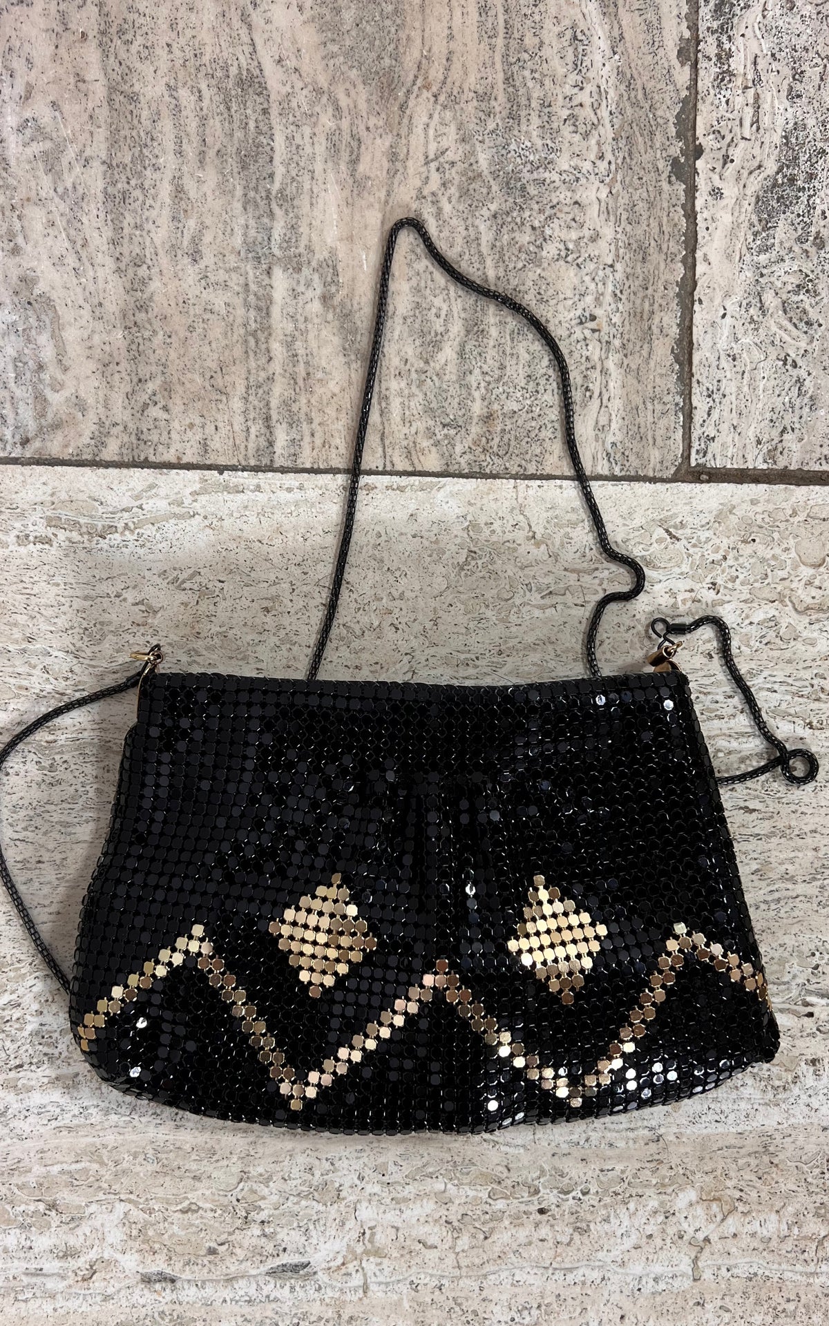 Vintage Black Metal Mesh Evening Bag with Gold Pattern