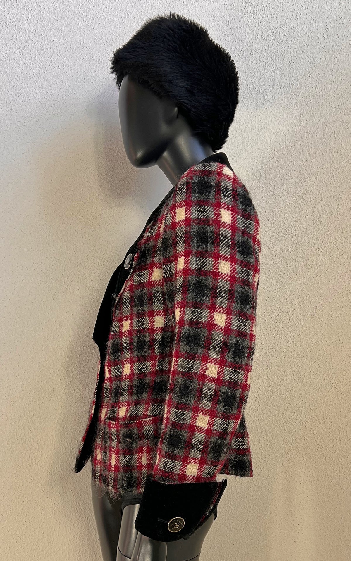 Yves Saint Laurent Rive Gauche Wool Check Jacket with Black Silk Velvet Trim