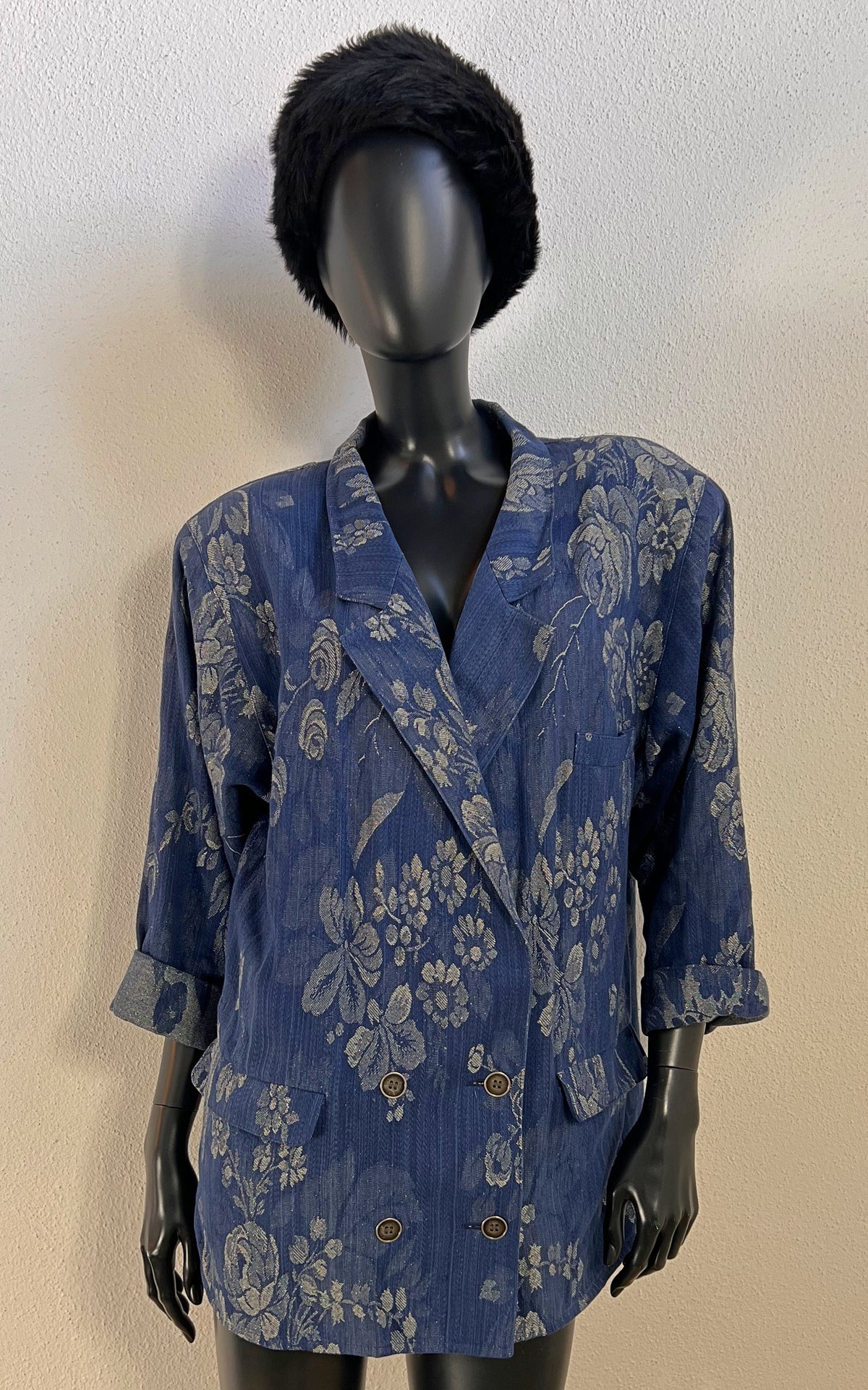 Vintage 80s Smarti Style Blue Floral Cotton &amp; Lurex Blazer