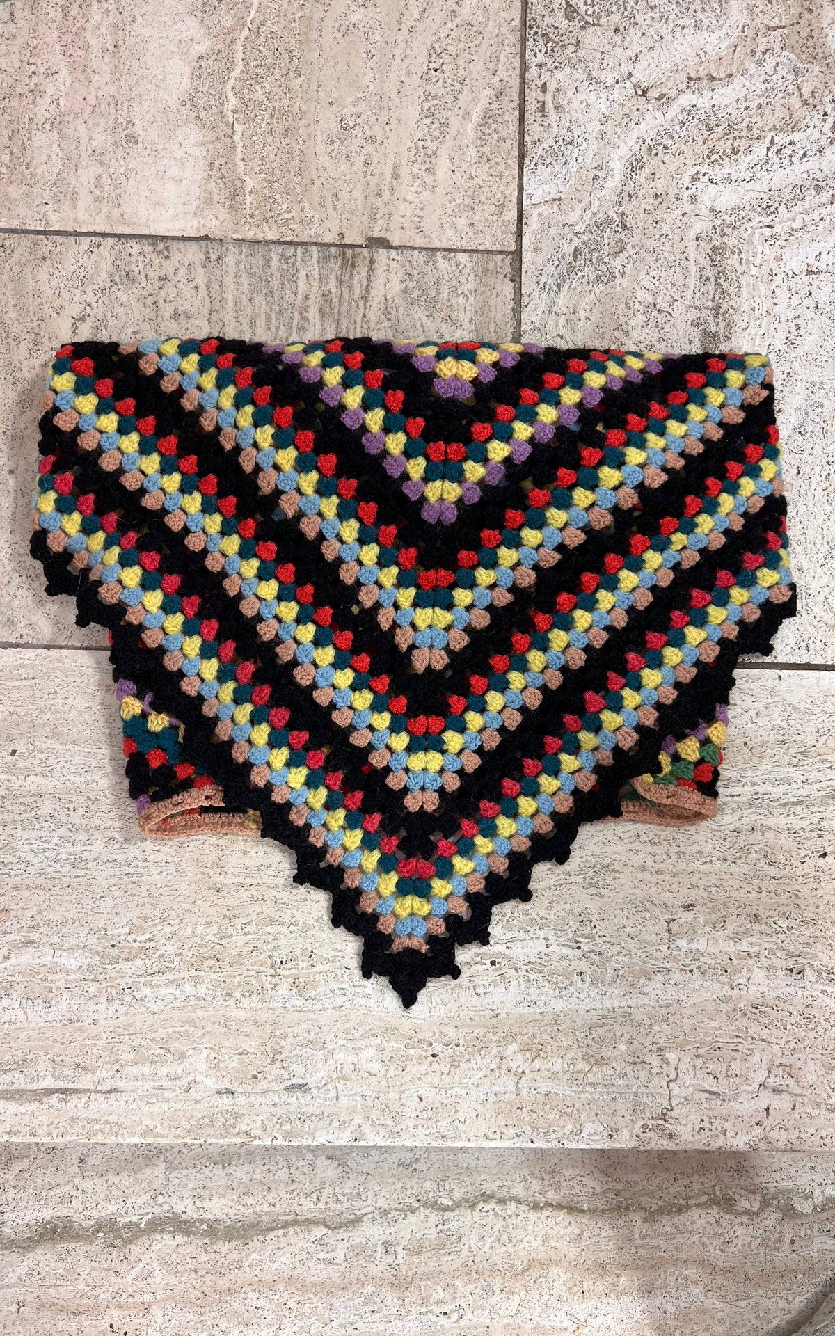 Vintage Handmade Multicolour Wool Crochet Shawl