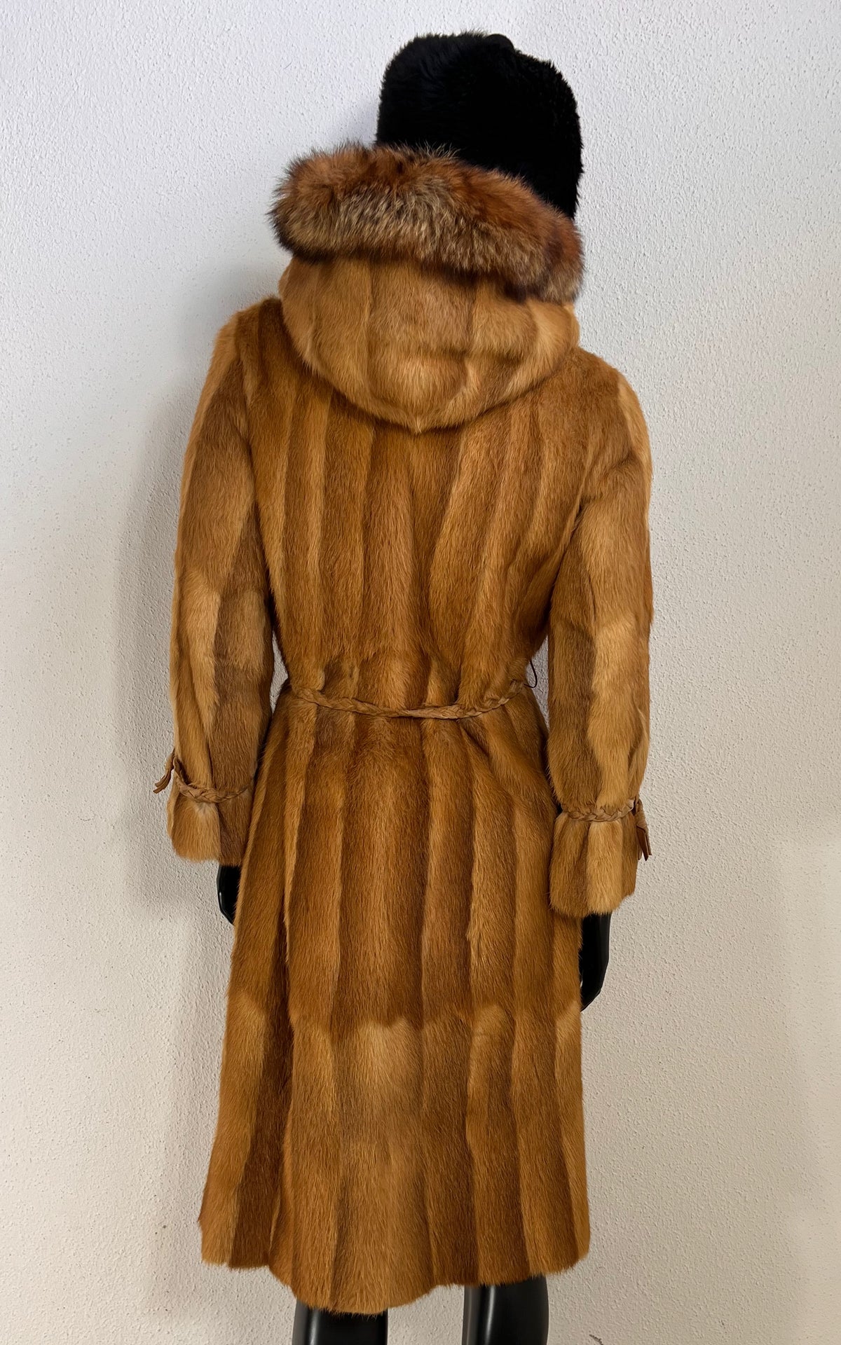 Vintage 1970s Golden Honey Fur Coat with Hood & Braided Belt