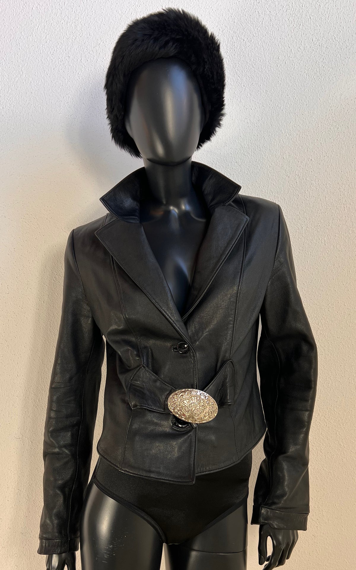 Y2K Sanpauli Black Leather Jacket with Ornate Buckle Detail