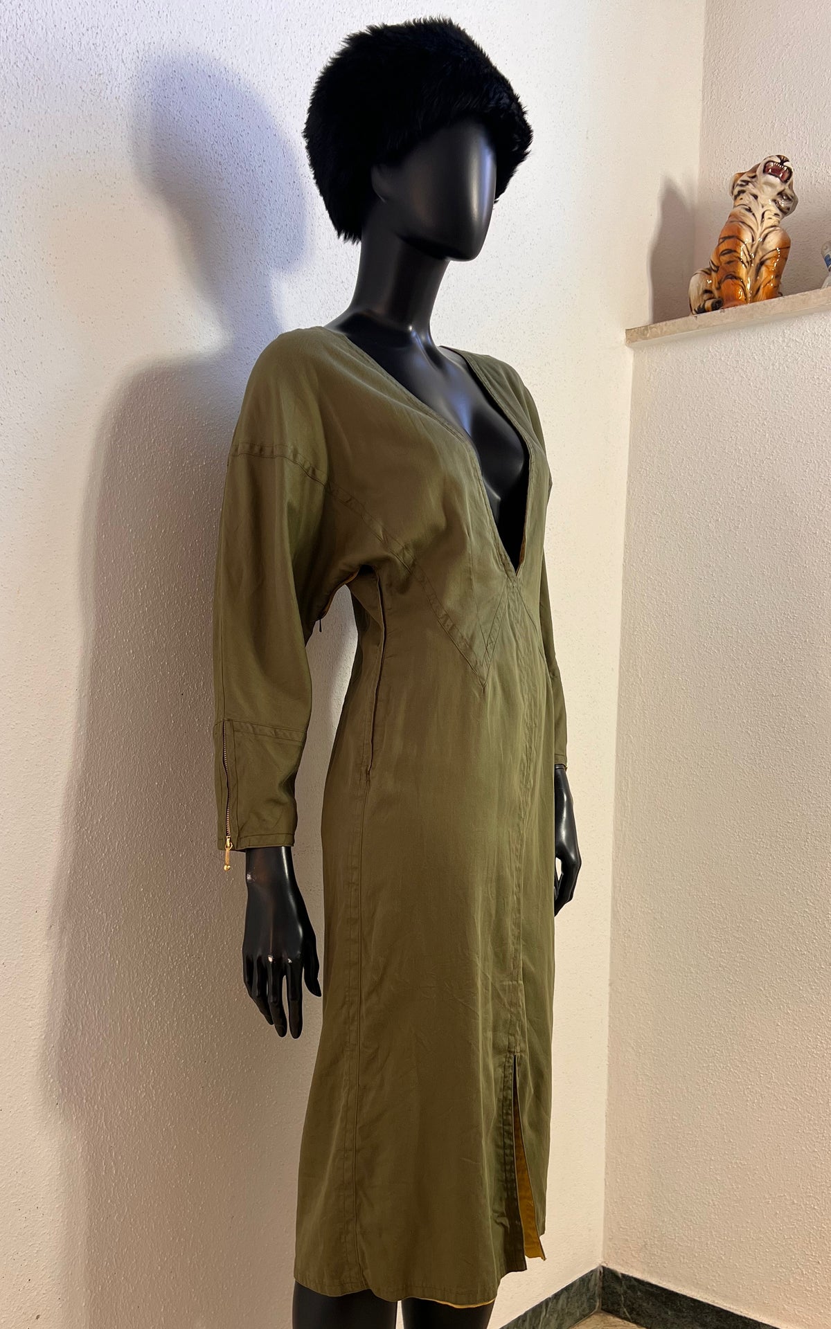Vintage Jil Sander Olive Green Cotton Dress with Geometric Seaming