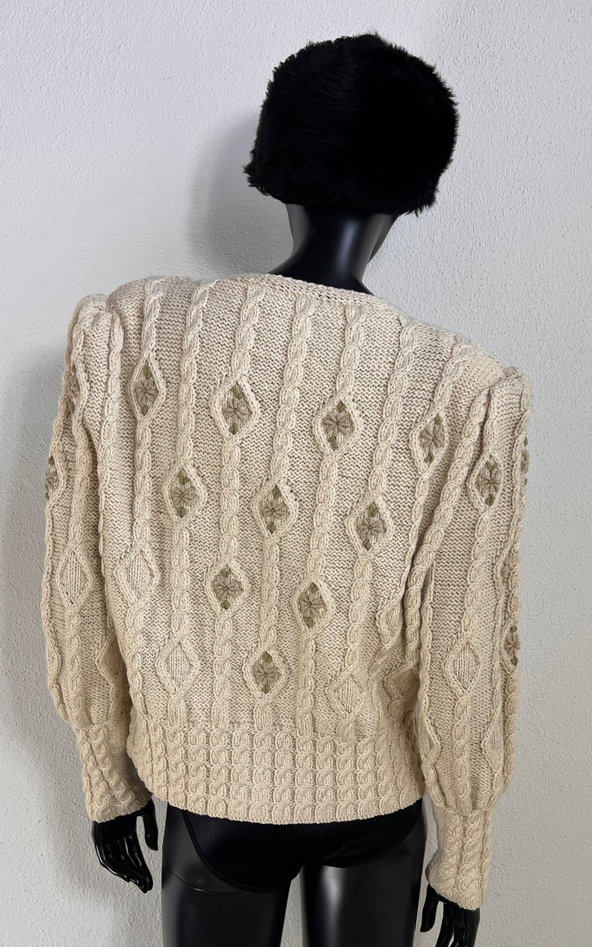 Vintage Handmade Austrian Wool Cardigan – Cream Cable Knit with Floral Details